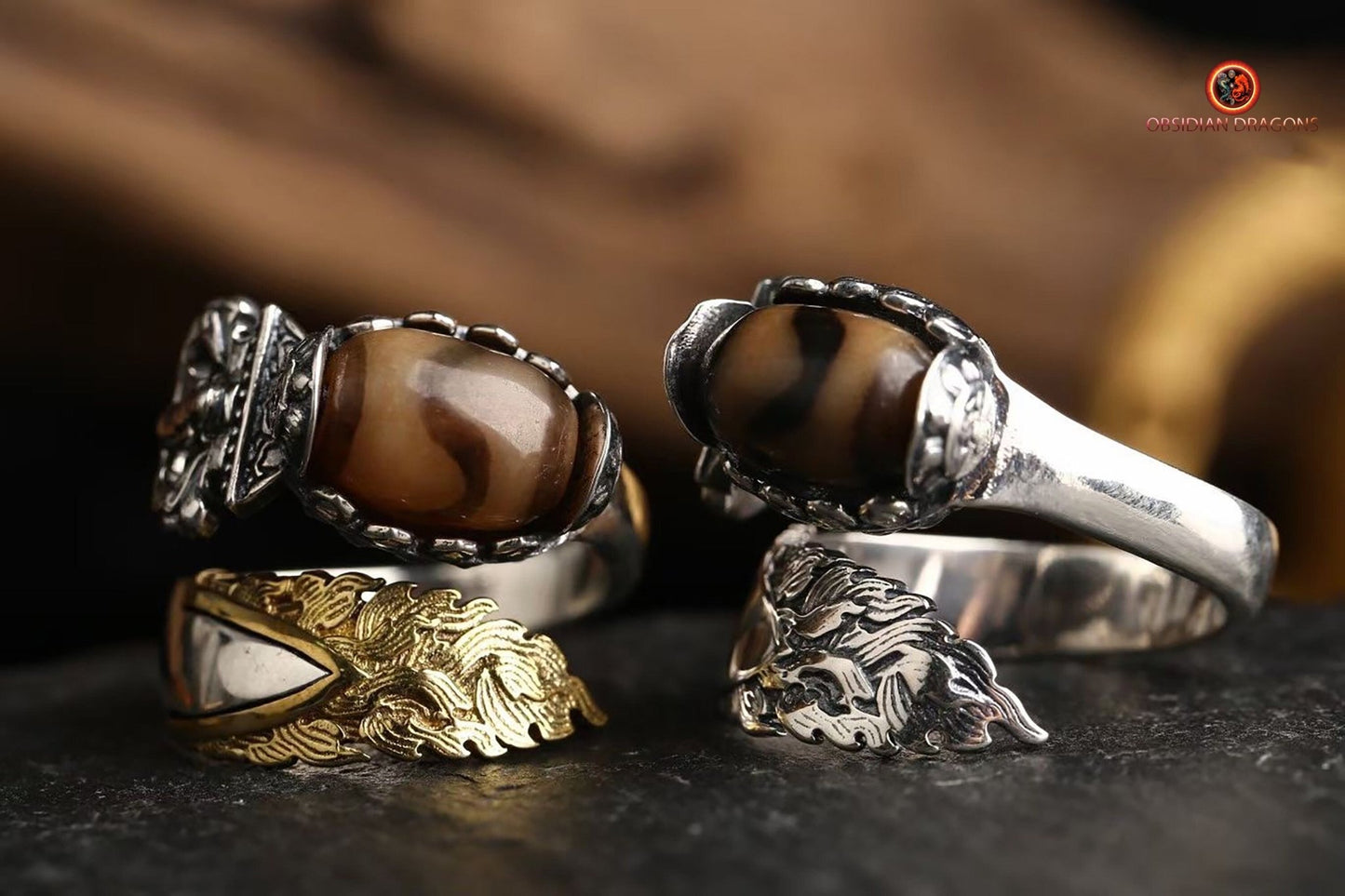 Bague bouddhiste tibétaine- DZI du tigre- épée de manjushri