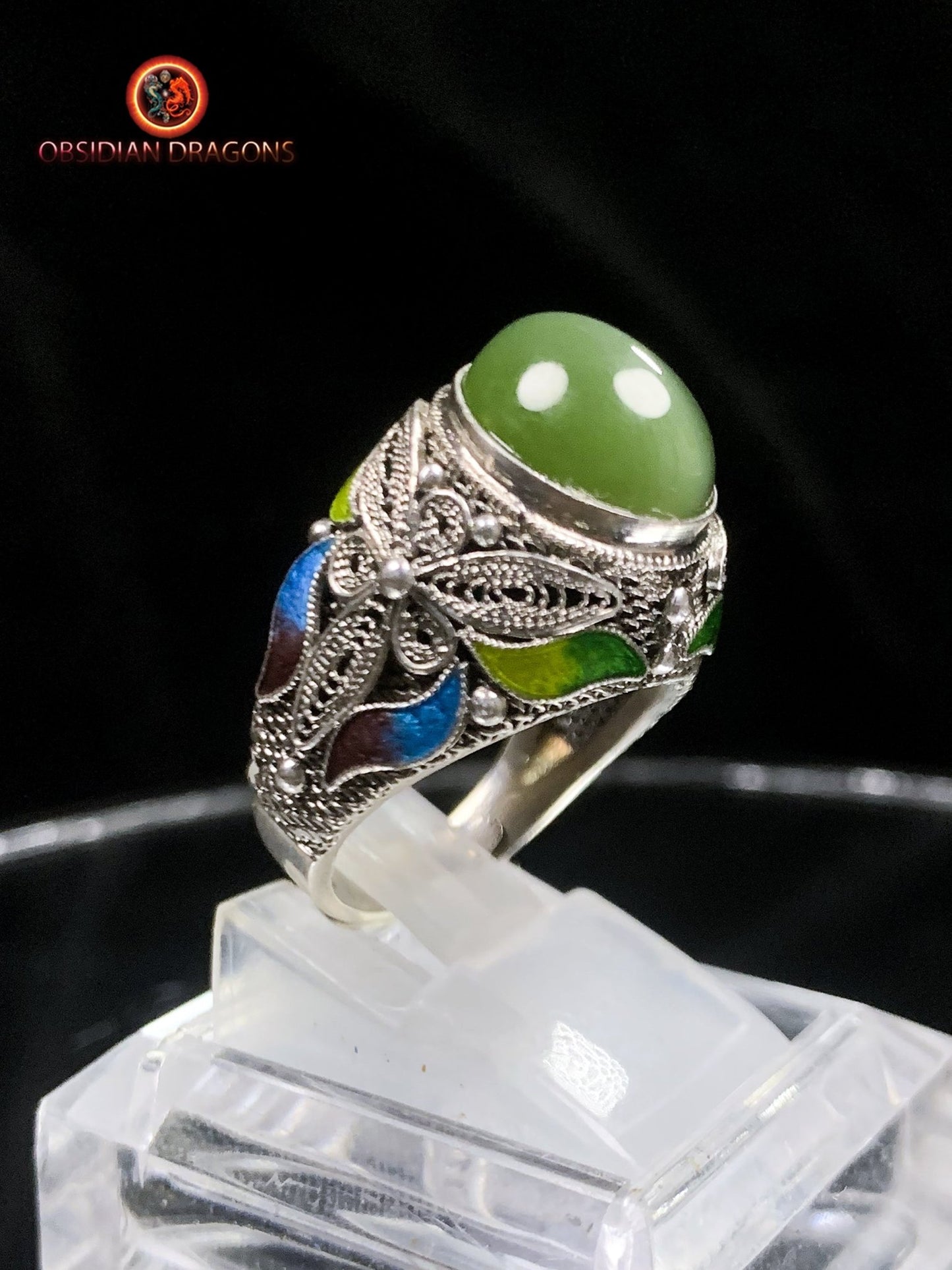 Bague en jade "oeil de chat"- argent- Vintage chinois | obsidian dragons
