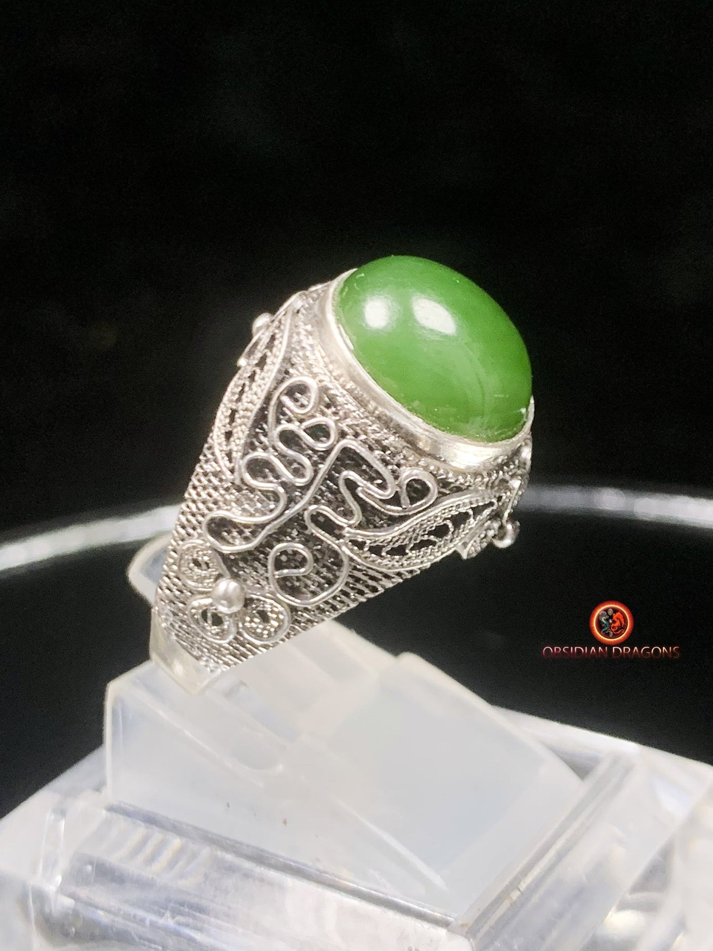 Bague en Jade- Argent filigrané- Qing Dynastie | obsidian dragons
