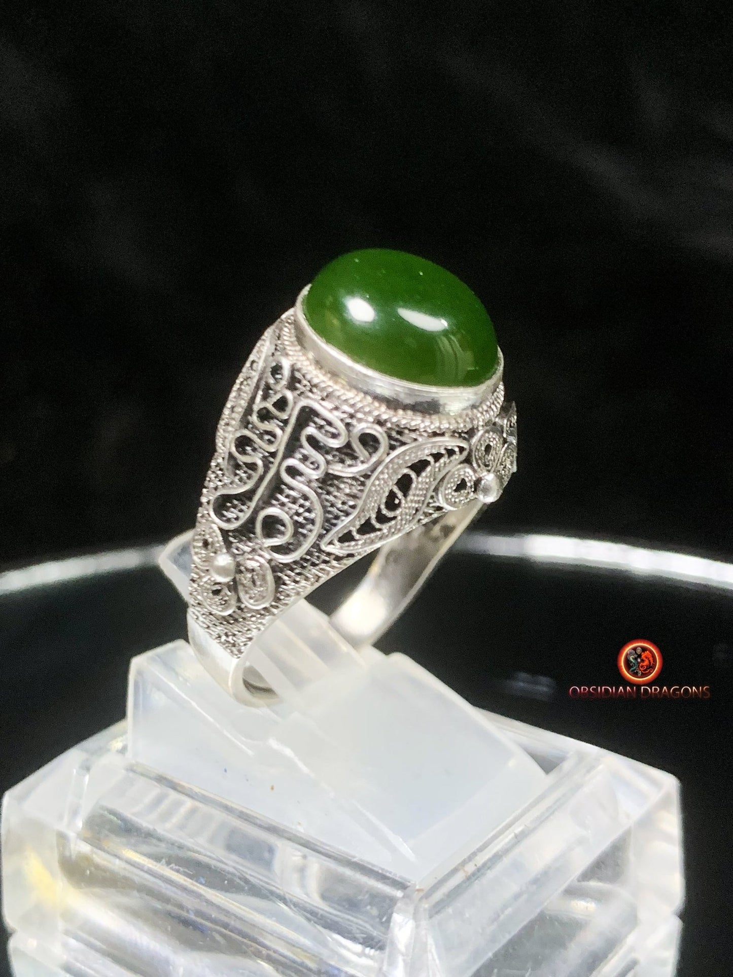 Bague Jade- Argent filigrané- Dynastie Qing | obsidian dragons