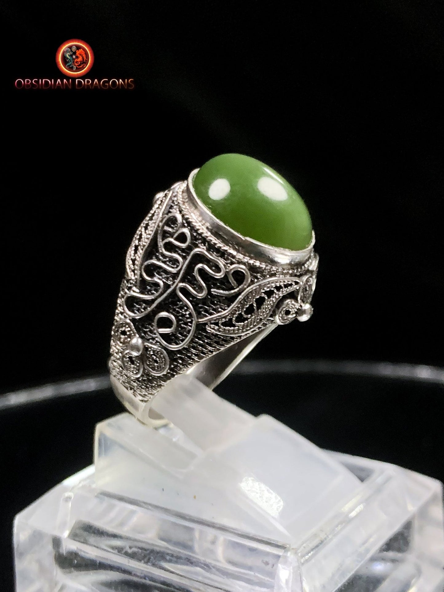 Bague en jade "oeil de chat"- Argent filigrané- Unique | obsidian dragons