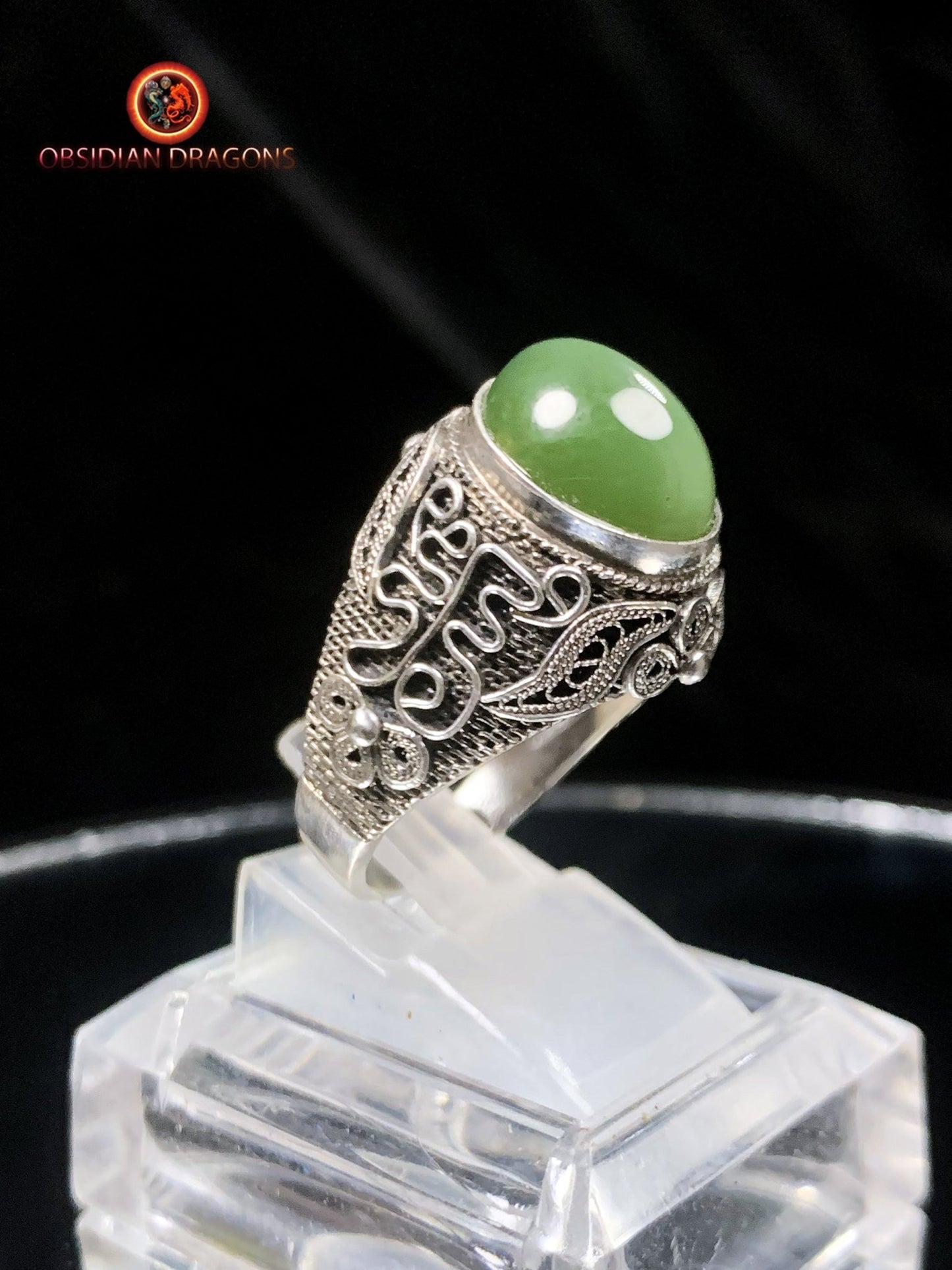 Bague en Jade à effet oeil de chat- Argent- Qing Dynastie | obsidian dragons