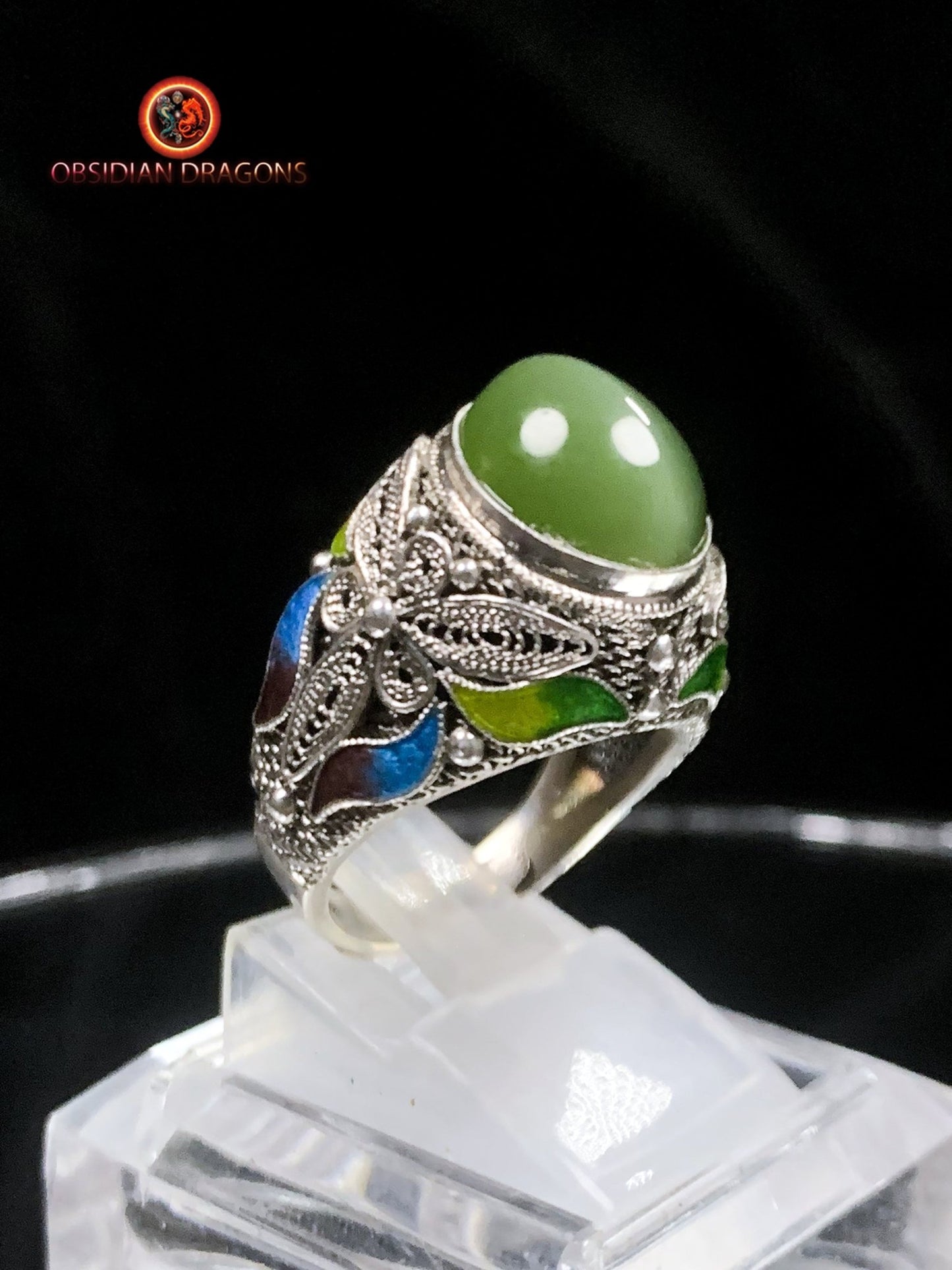 Bague en jade "oeil de chat"- argent- Vintage chinois | obsidian dragons