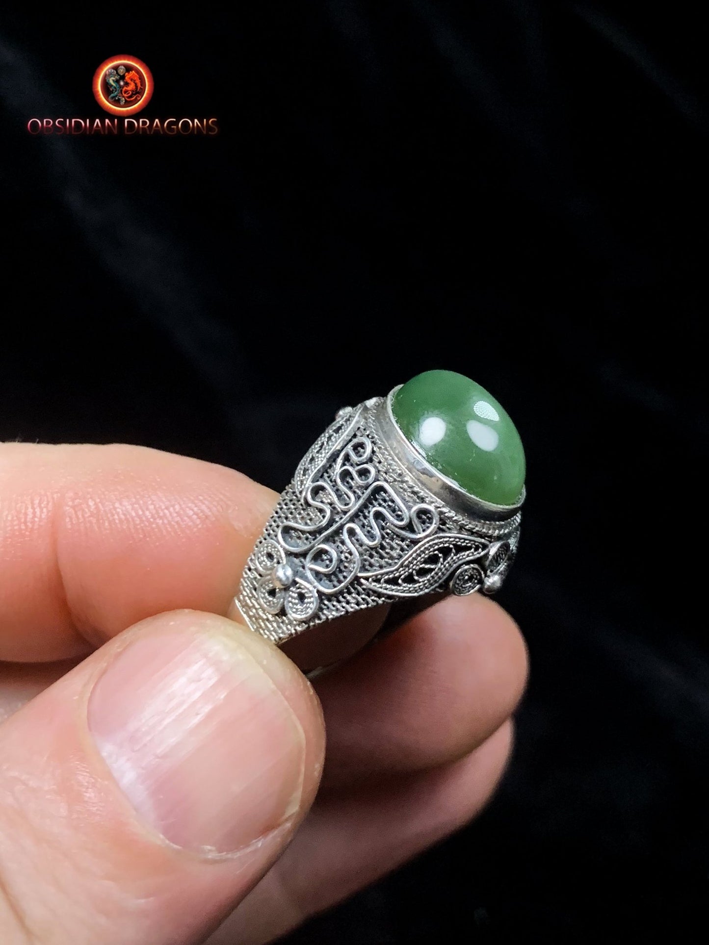 Bague en Jade à effet oeil de chat- Argent- Qing Dynastie | obsidian dragons