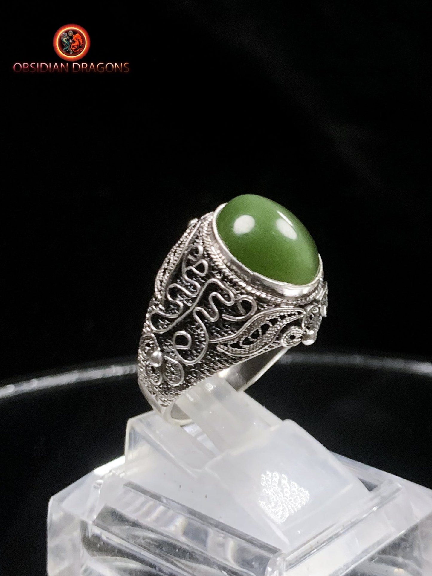 Bague en jade "oeil de chat"- Argent filigrané- Unique | obsidian dragons