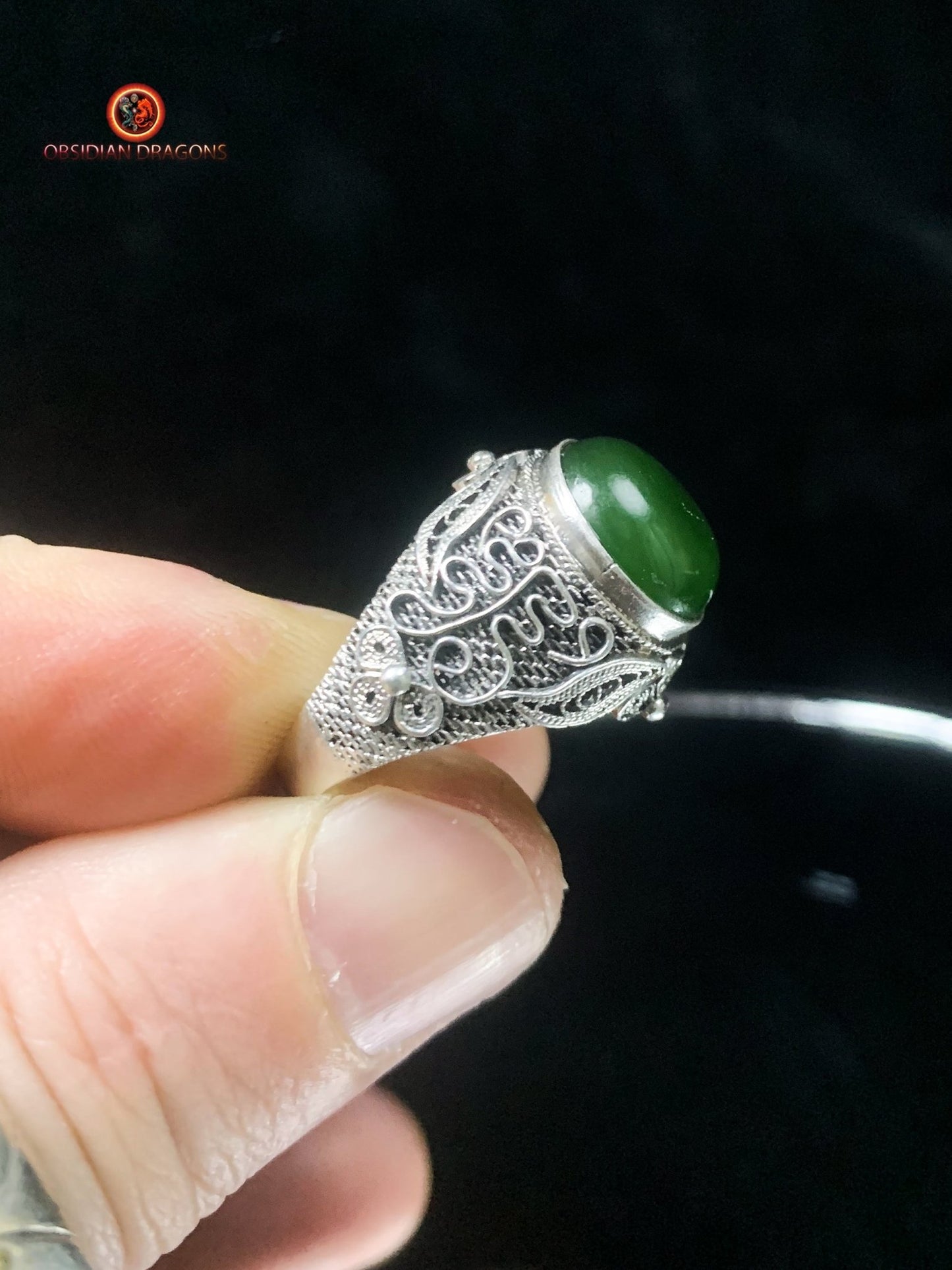 Bague Jade- Argent filigrané- Dynastie Qing | obsidian dragons