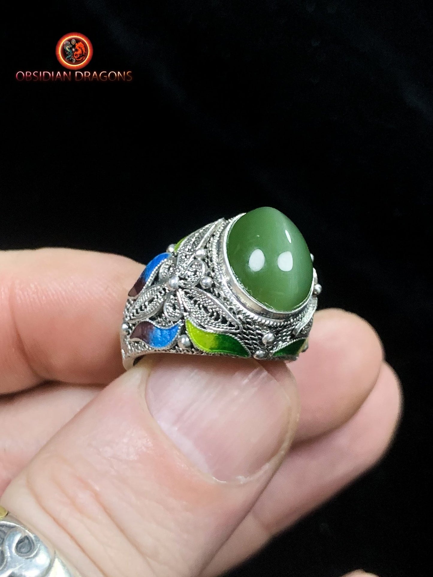 Bague en jade "oeil de chat"- argent- Vintage chinois | obsidian dragons