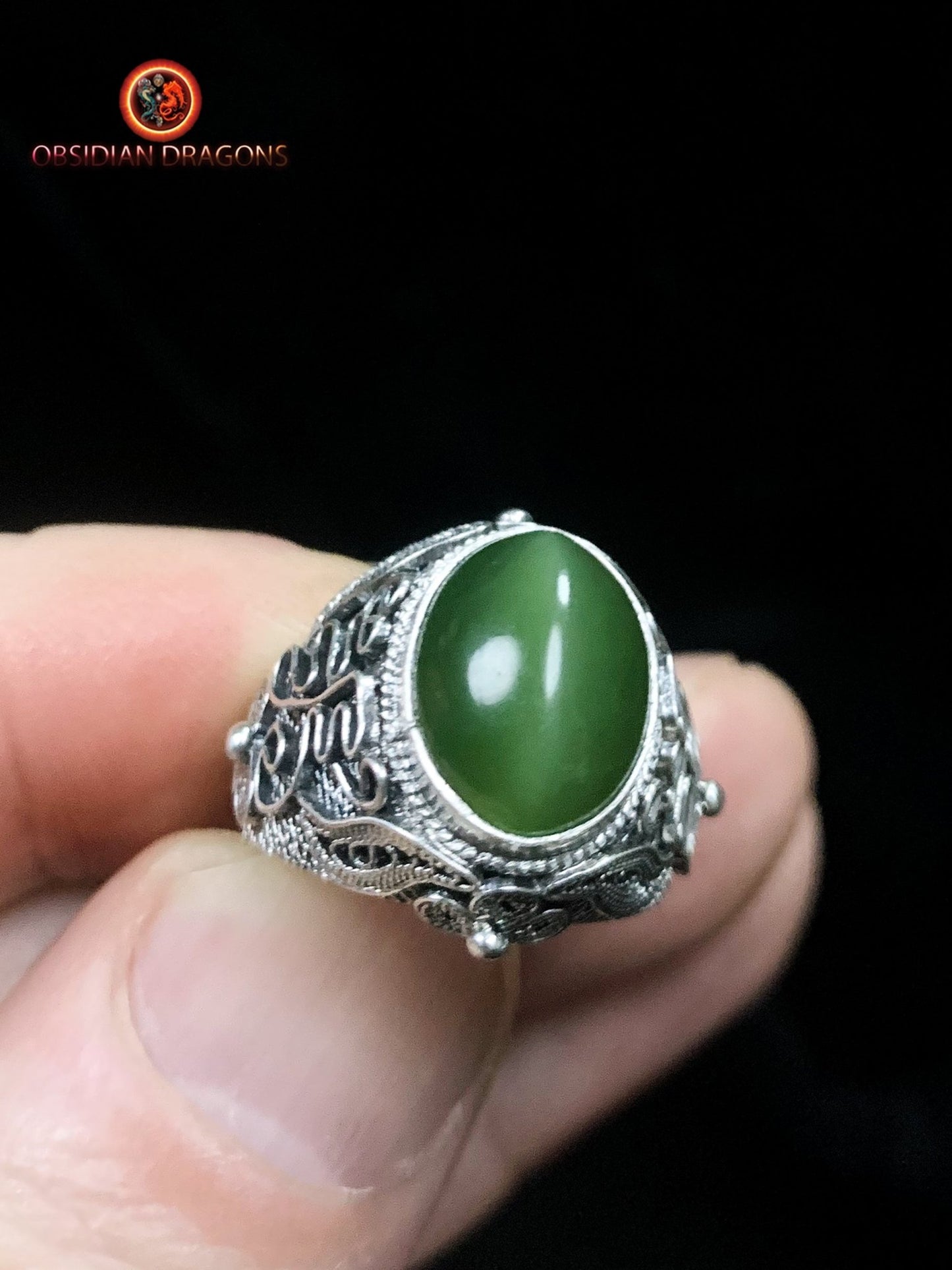 Bague en jade "oeil de chat"- Argent filigrané- Unique | obsidian dragons