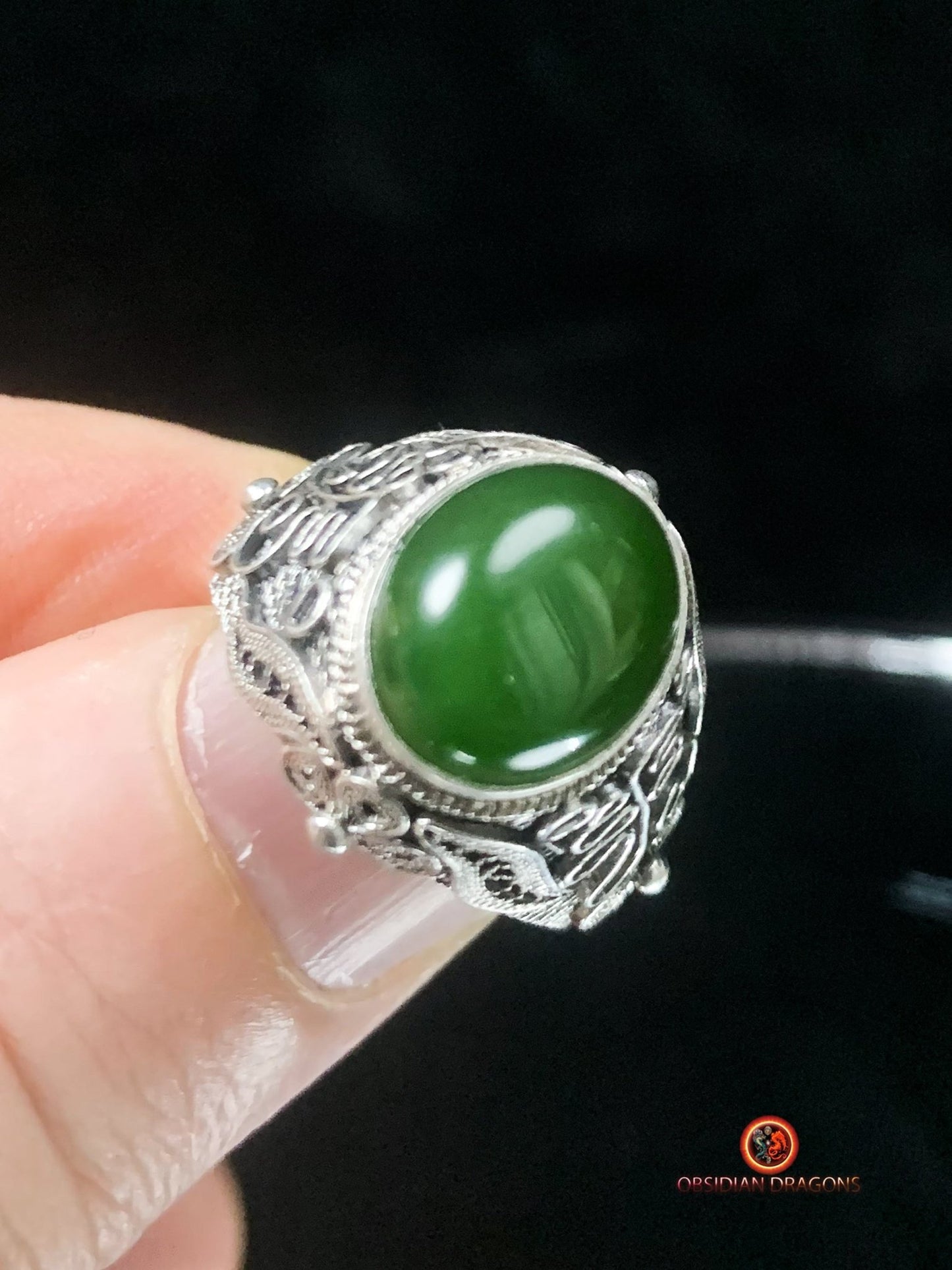 Bague Jade- Argent filigrané- Dynastie Qing | obsidian dragons
