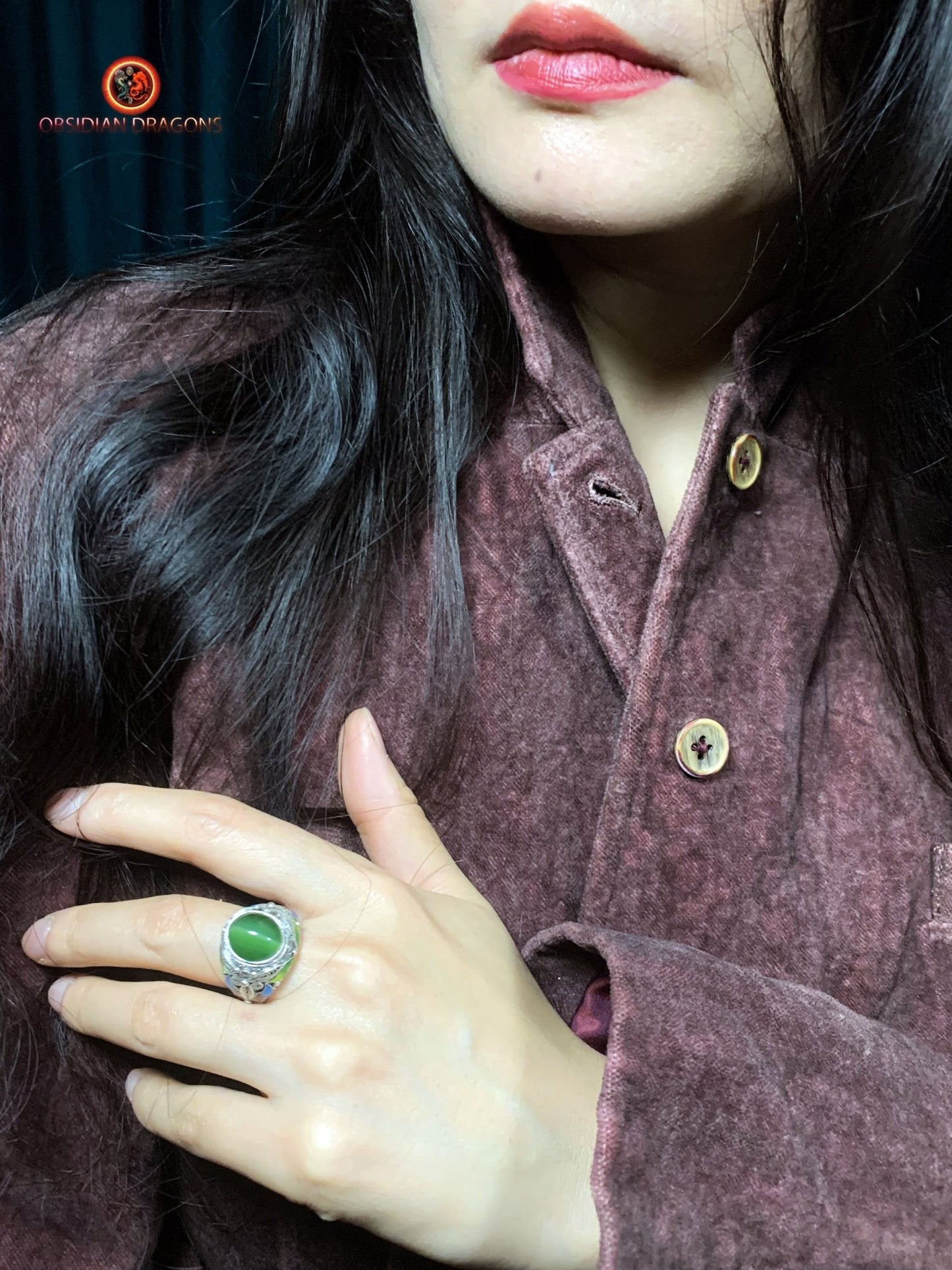 Bague en jade "oeil de chat"- argent- Vintage chinois | obsidian dragons