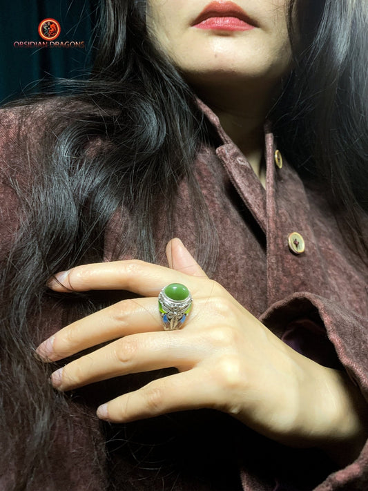 Bague en jade "oeil de chat"- argent- Vintage chinois | obsidian dragons