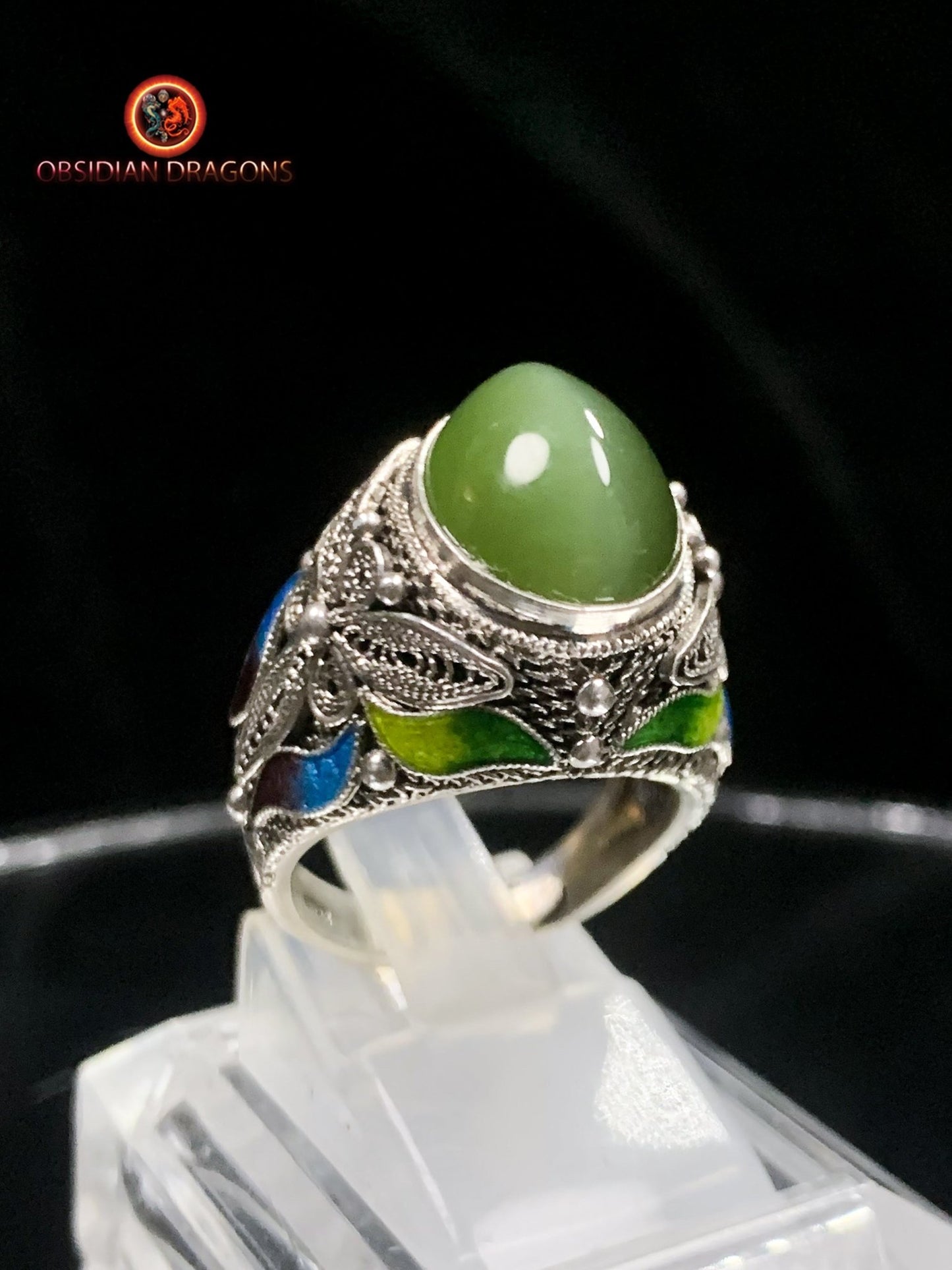 Bague en jade "oeil de chat"- argent- Vintage chinois | obsidian dragons
