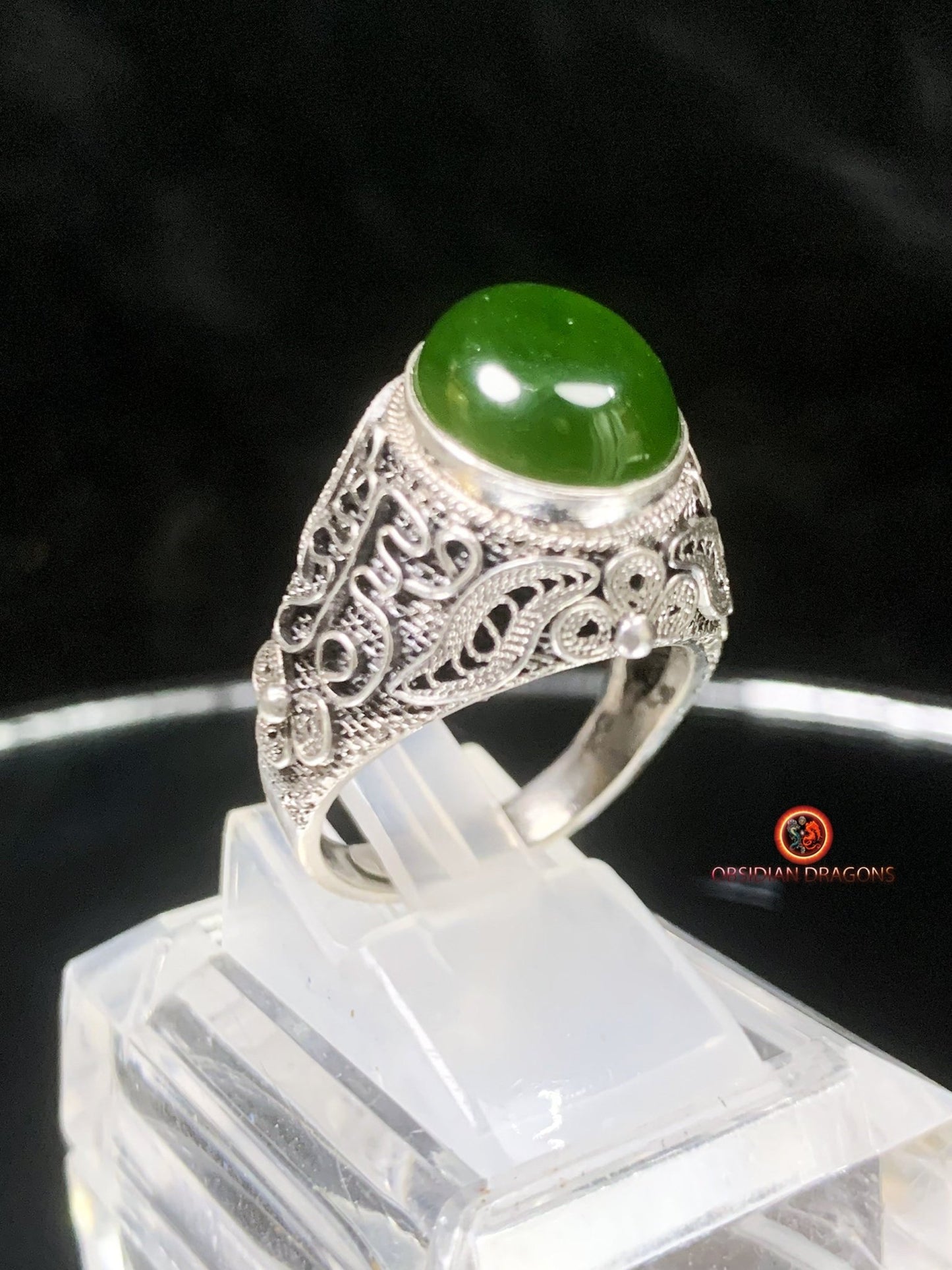 Bague Jade- Argent filigrané- Dynastie Qing | obsidian dragons