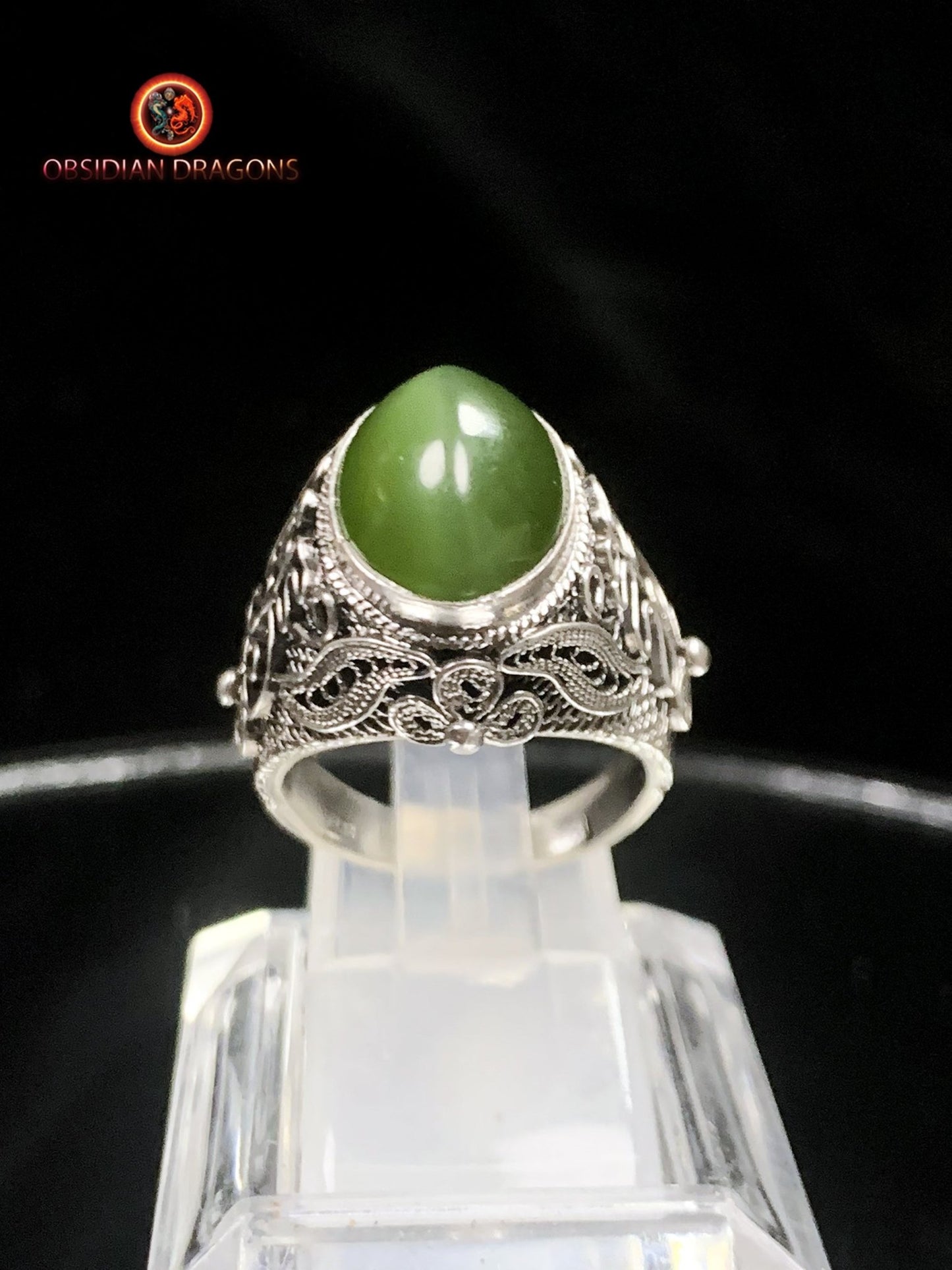 Bague en jade "oeil de chat"- Argent filigrané- Unique | obsidian dragons