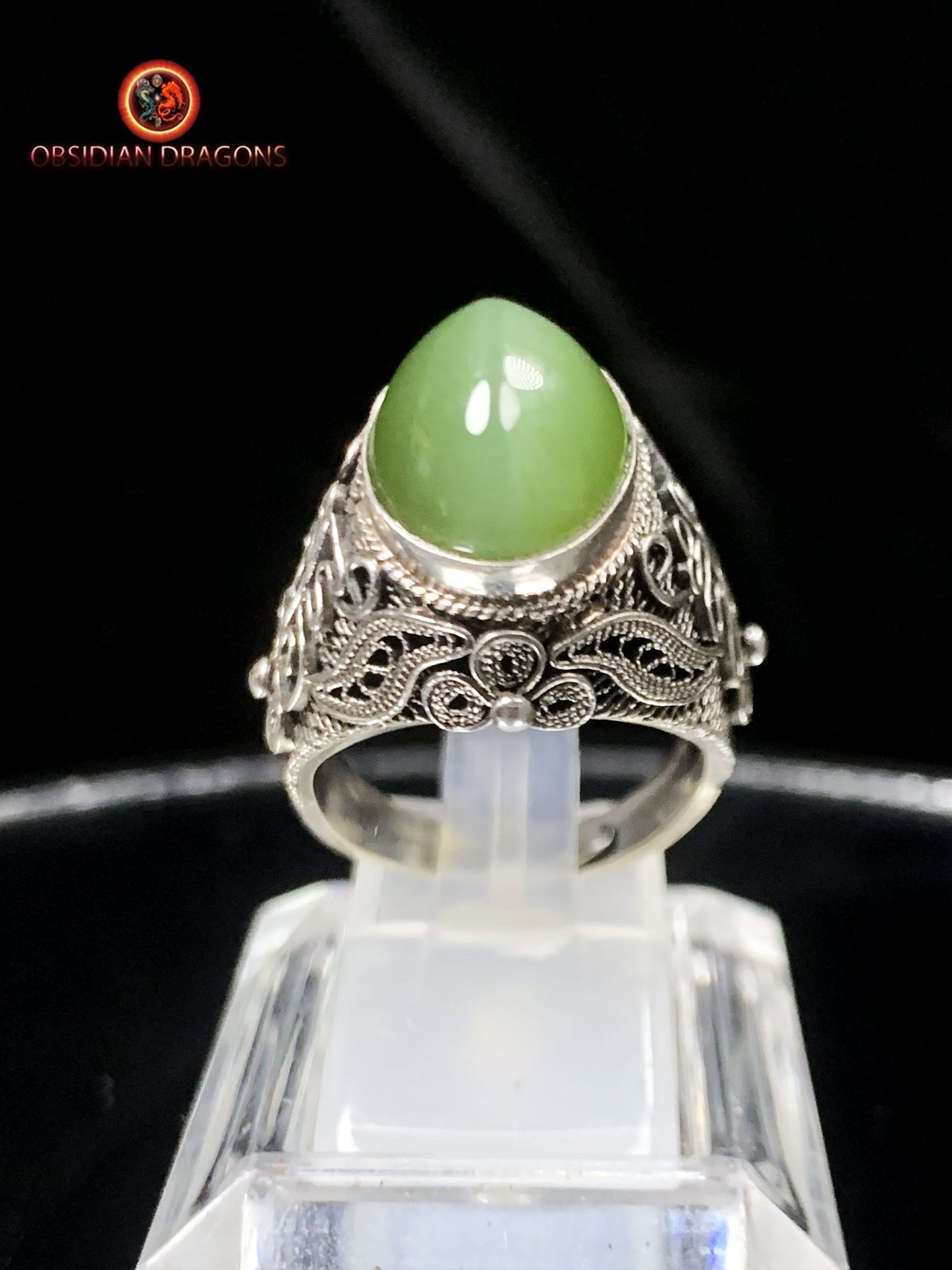 Bague en Jade à effet oeil de chat- Argent- Qing Dynastie | obsidian dragons