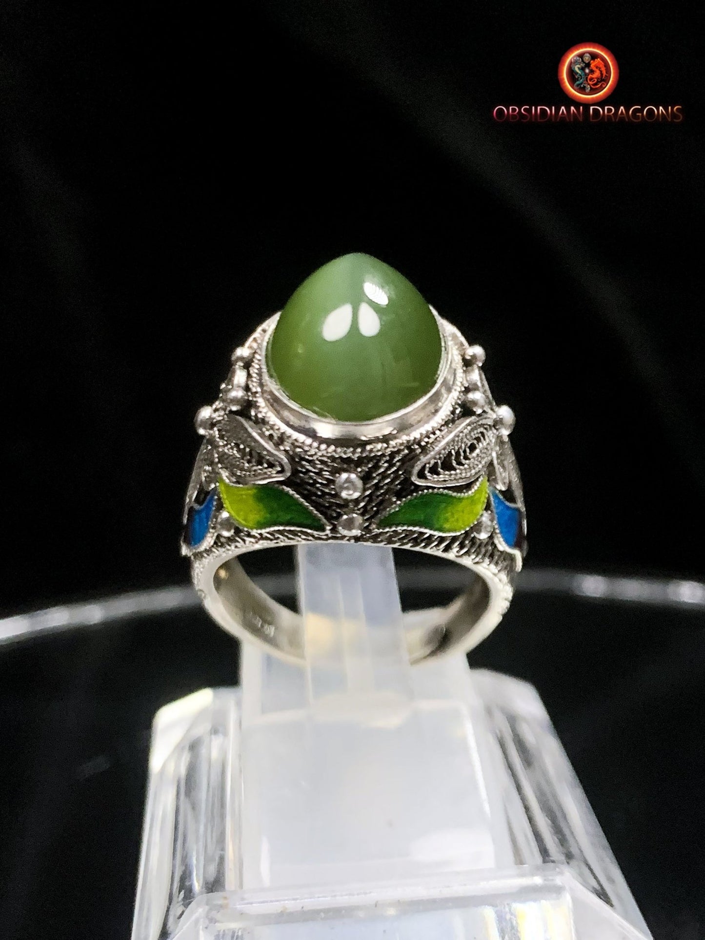 Bague en jade "oeil de chat"- argent- Vintage chinois | obsidian dragons