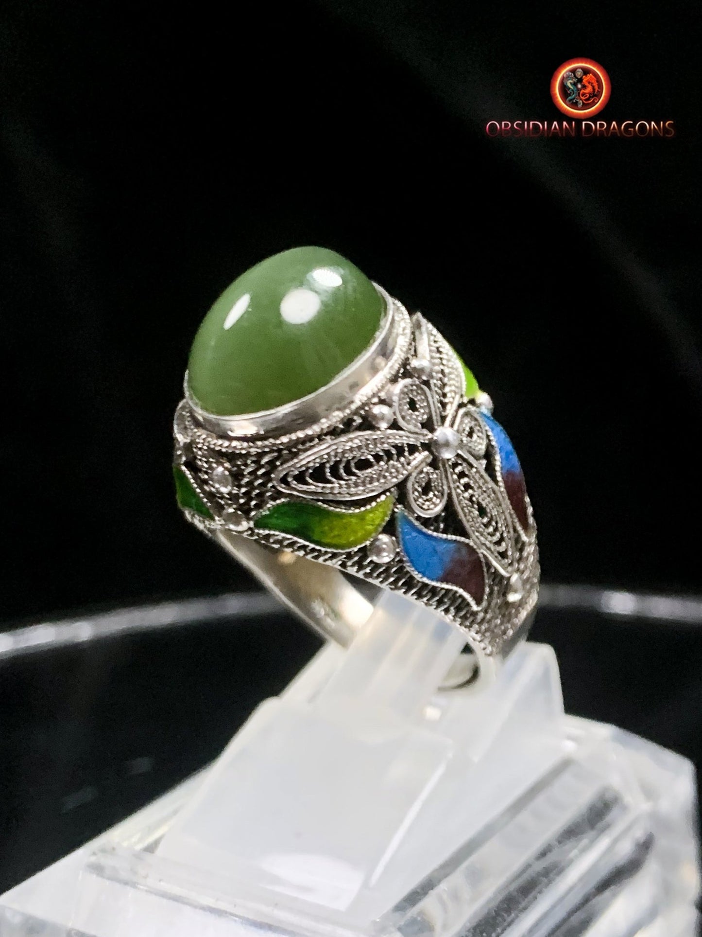 Bague en jade "oeil de chat"- argent- Vintage chinois | obsidian dragons