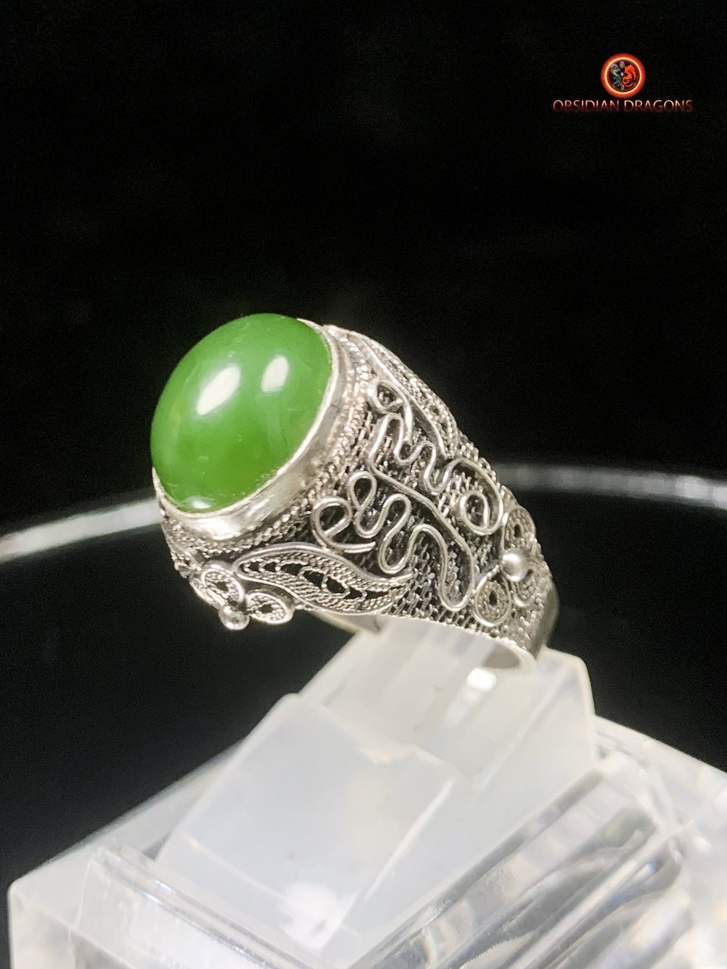 Bague en Jade- Argent filigrané- Qing Dynastie | obsidian dragons