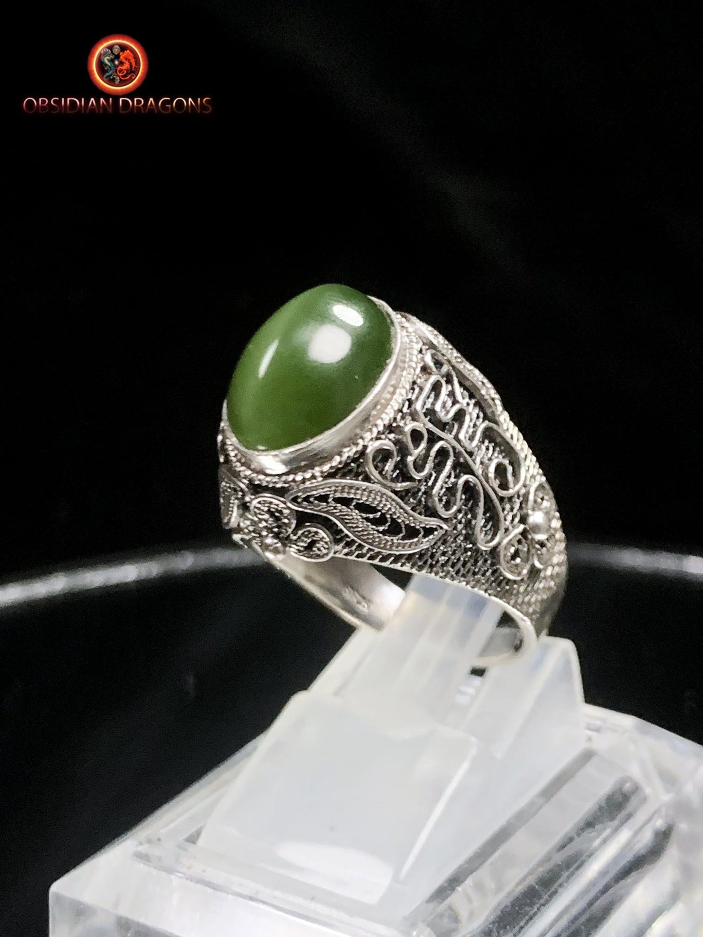 Bague en jade "oeil de chat"- Argent filigrané- Unique | obsidian dragons
