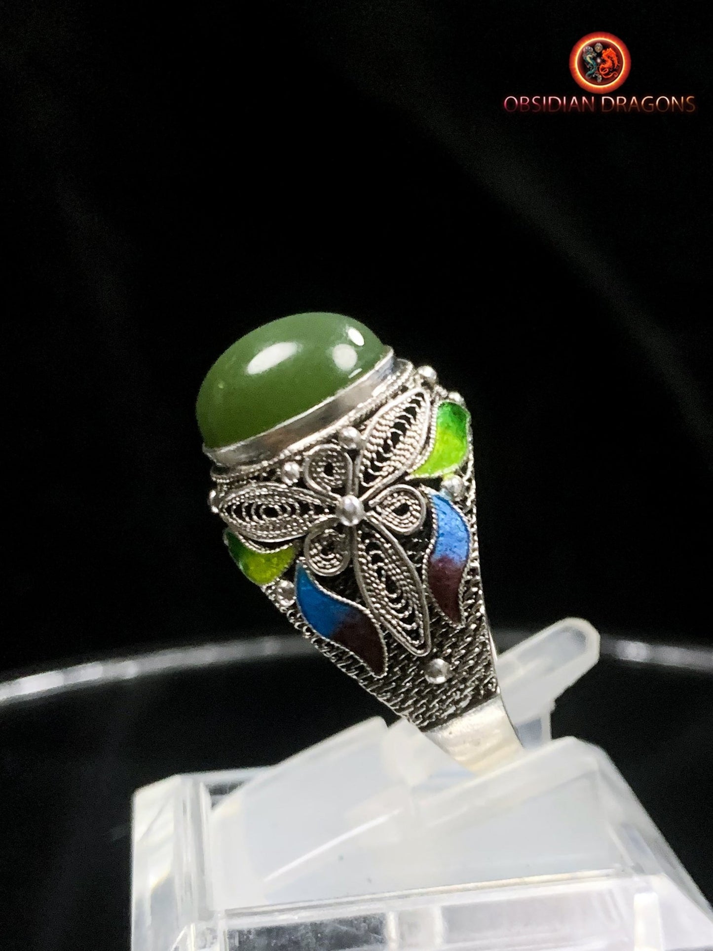 Bague en jade "oeil de chat"- argent- Vintage chinois | obsidian dragons