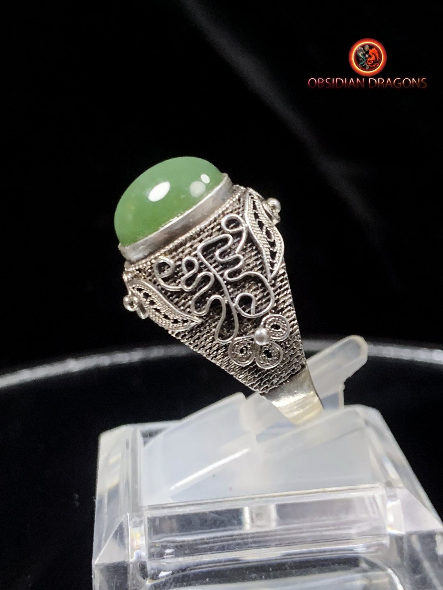Bague en Jade à effet oeil de chat- Argent- Qing Dynastie | obsidian dragons