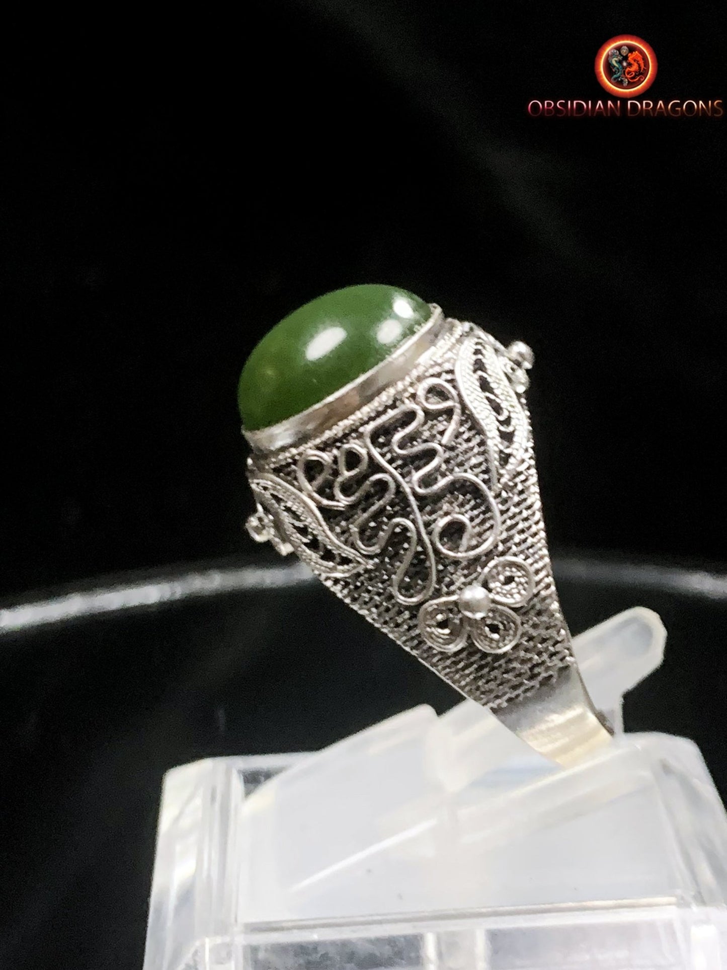 Bague en jade "oeil de chat"- Argent filigrané- Unique | obsidian dragons