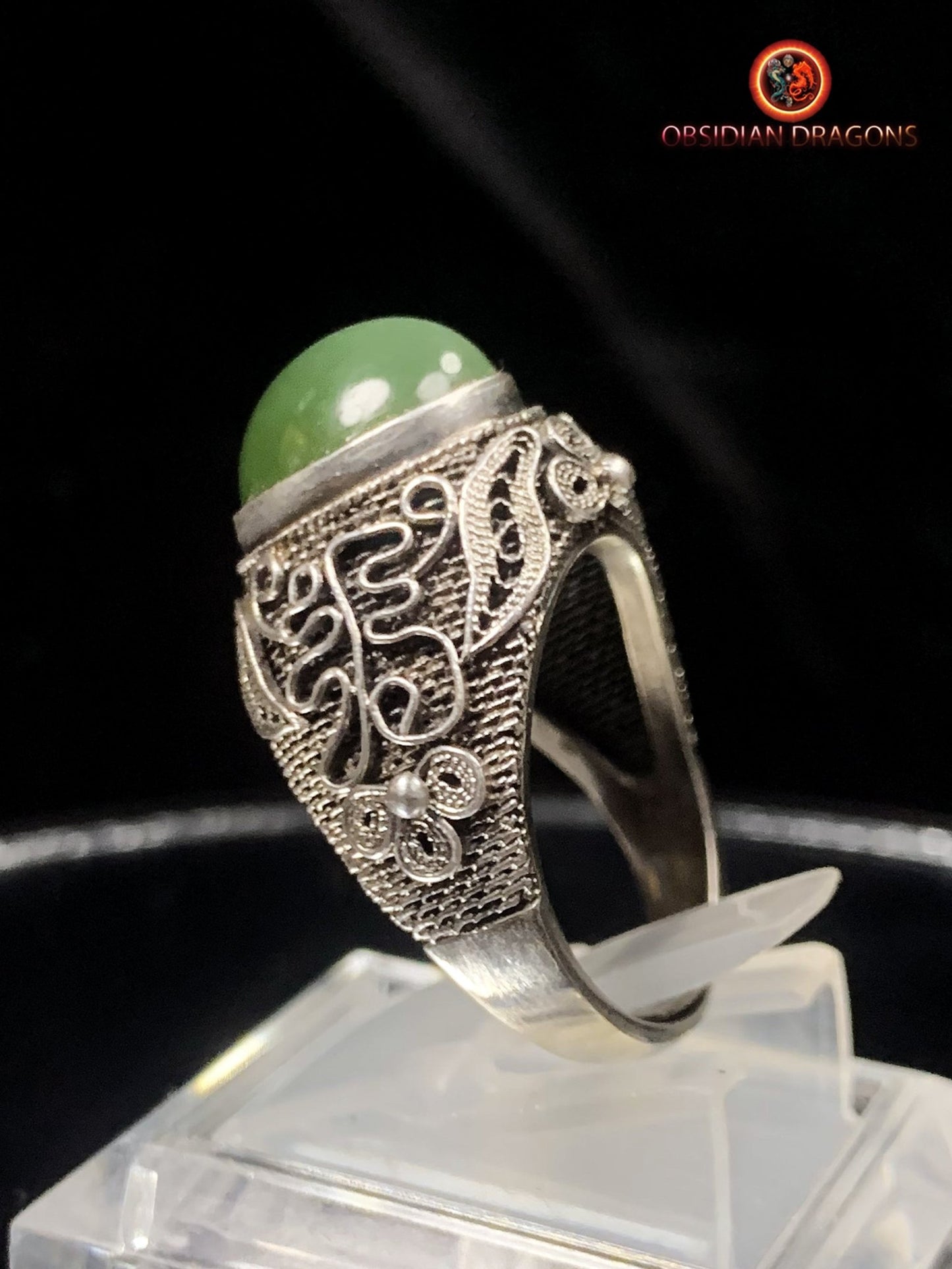 Bague en Jade à effet oeil de chat- Argent- Qing Dynastie | obsidian dragons