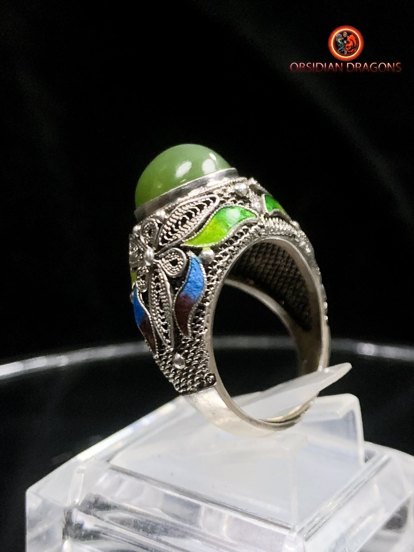 Bague en jade "oeil de chat"- argent- Vintage chinois | obsidian dragons