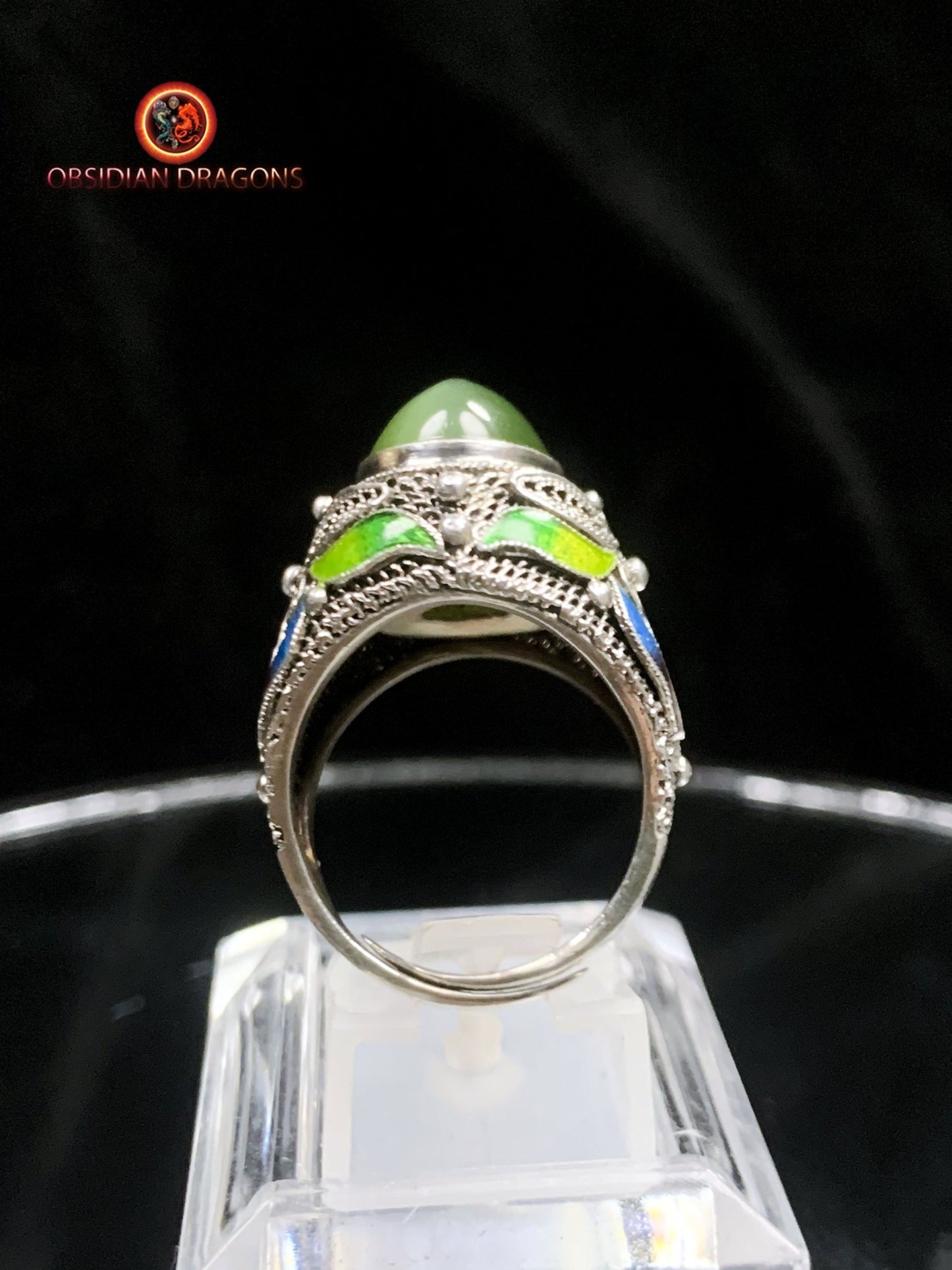 Bague en jade "oeil de chat"- argent- Vintage chinois | obsidian dragons