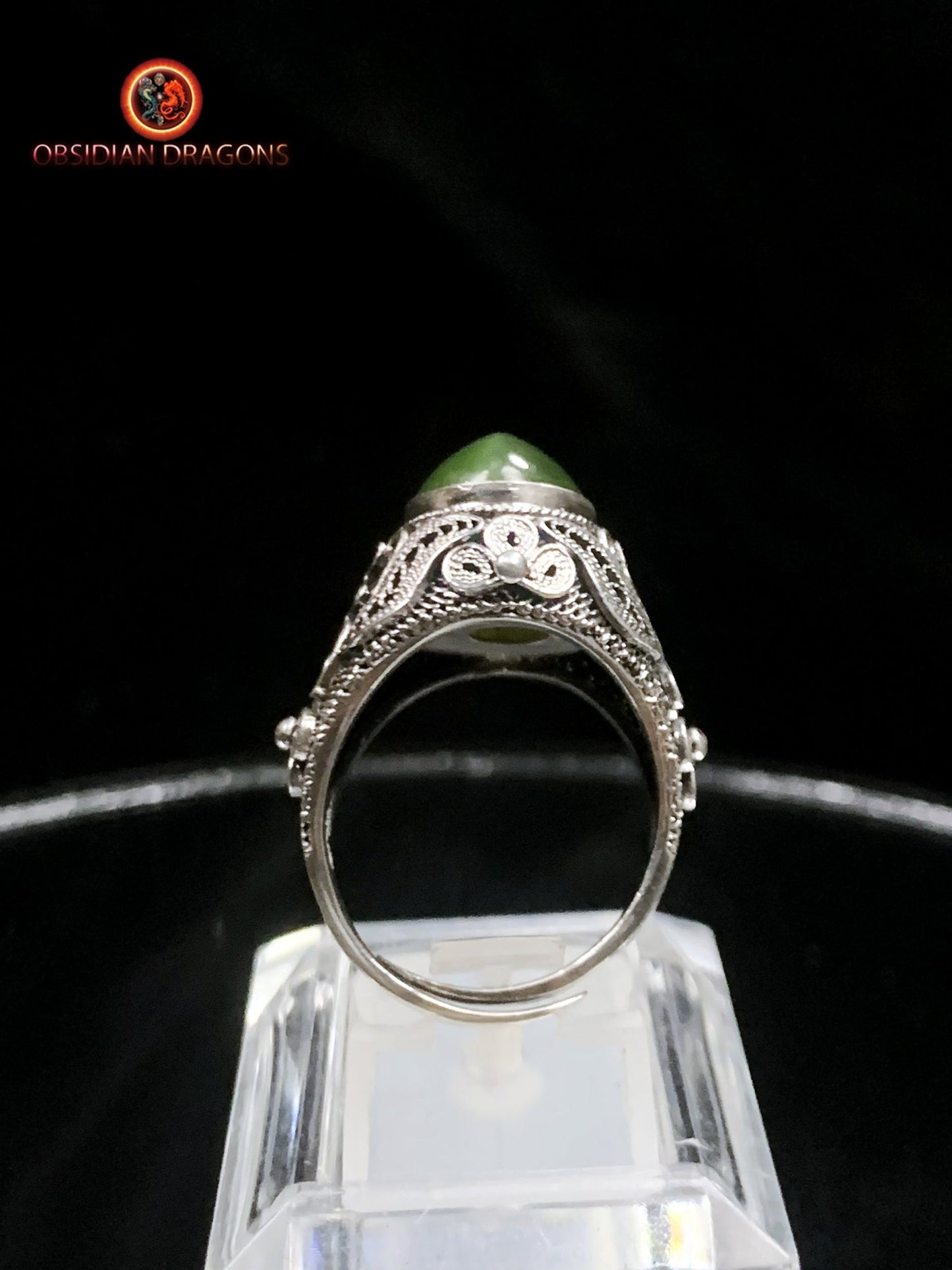 Bague en jade "oeil de chat"- Argent filigrané- Unique | obsidian dragons
