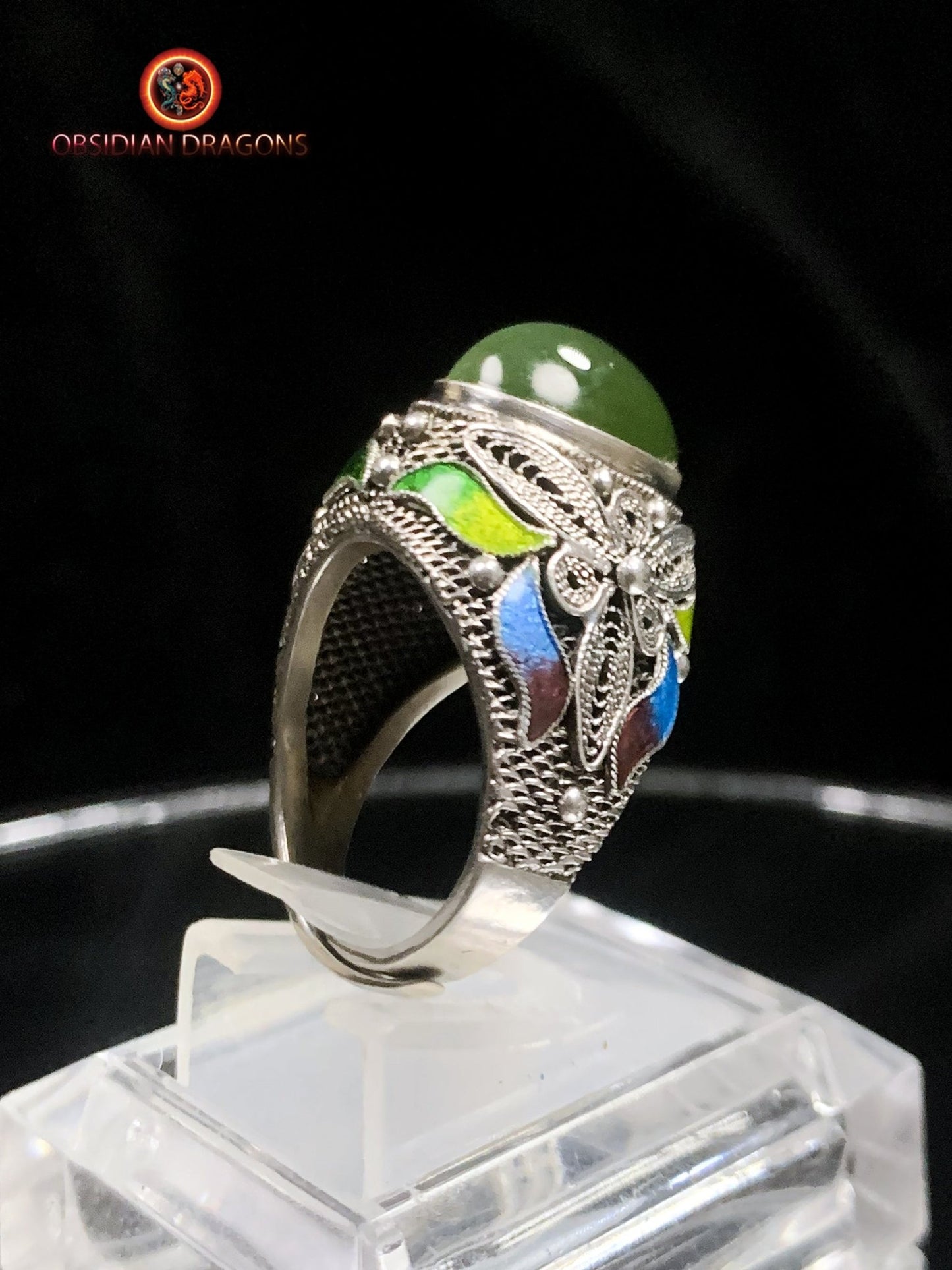 Bague en jade "oeil de chat"- argent- Vintage chinois | obsidian dragons