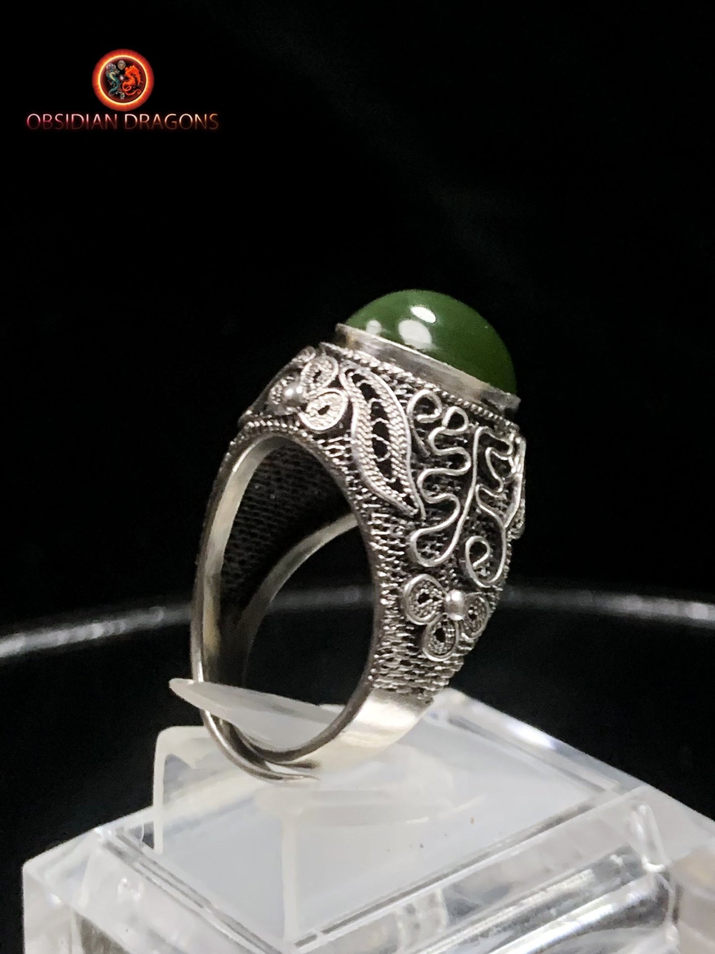 Bague en jade "oeil de chat"- Argent filigrané- Unique | obsidian dragons