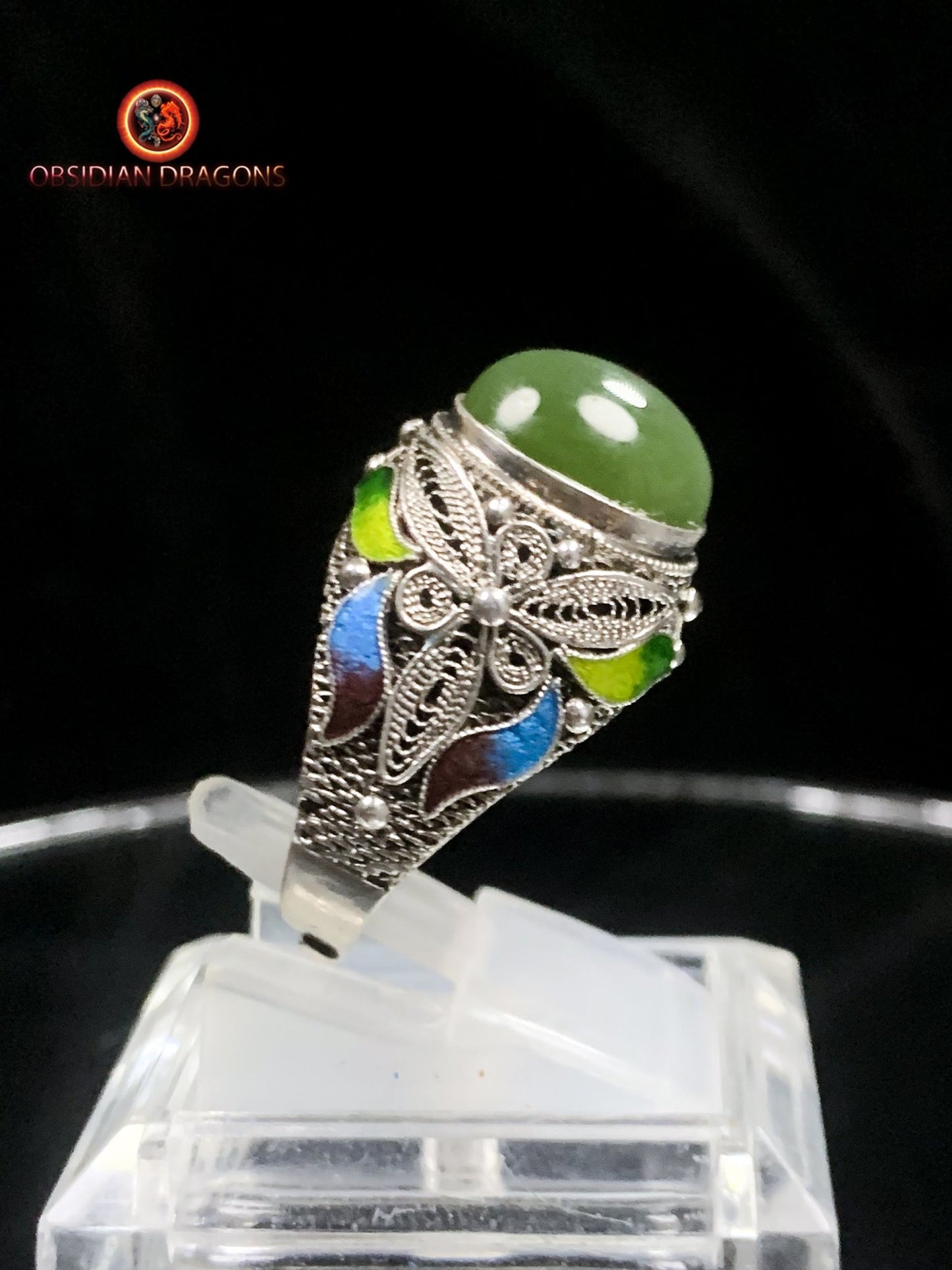 Bague en jade "oeil de chat"- argent- Vintage chinois | obsidian dragons