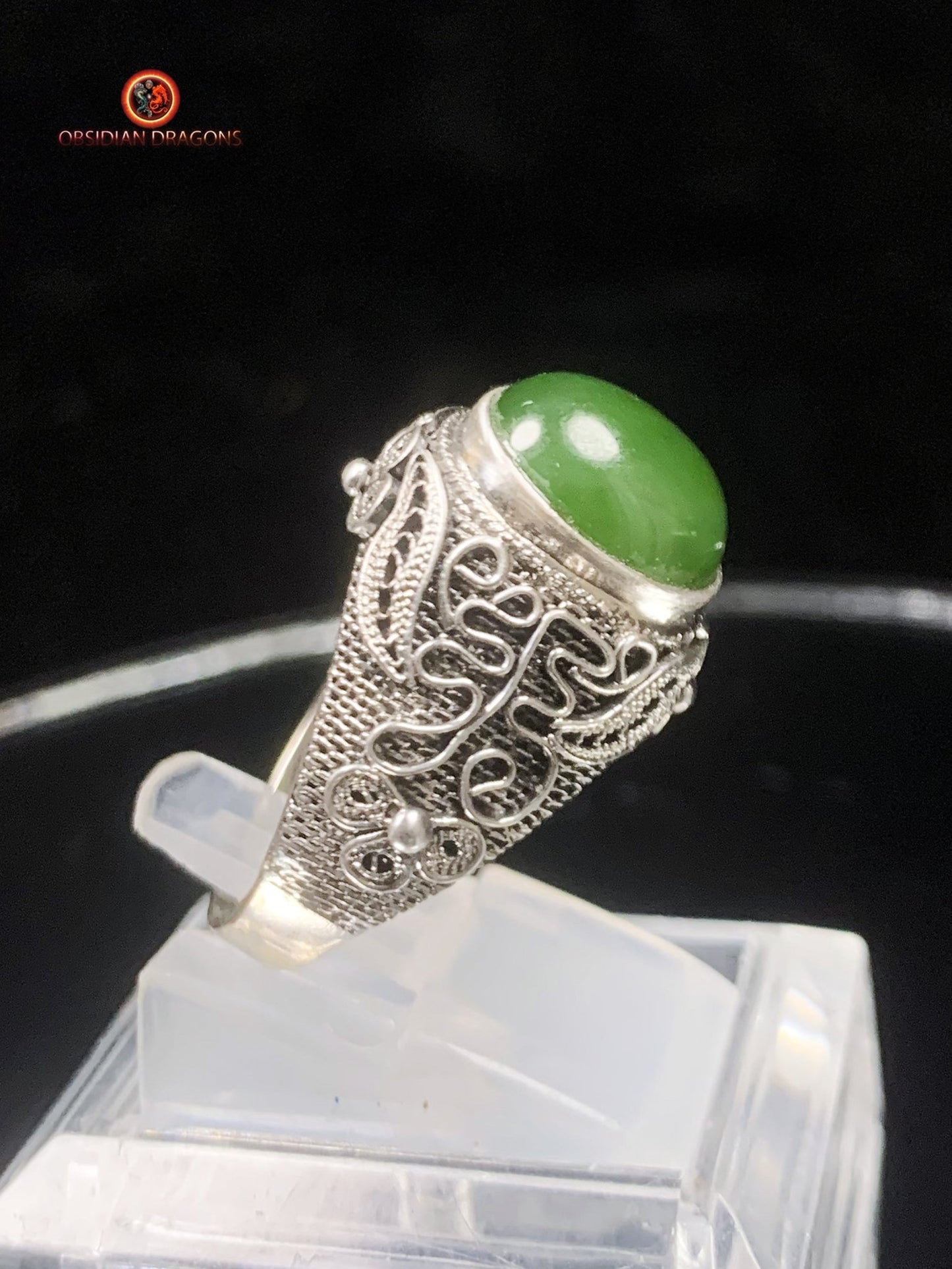 Bague en Jade- Argent filigrané- Qing Dynastie | obsidian dragons