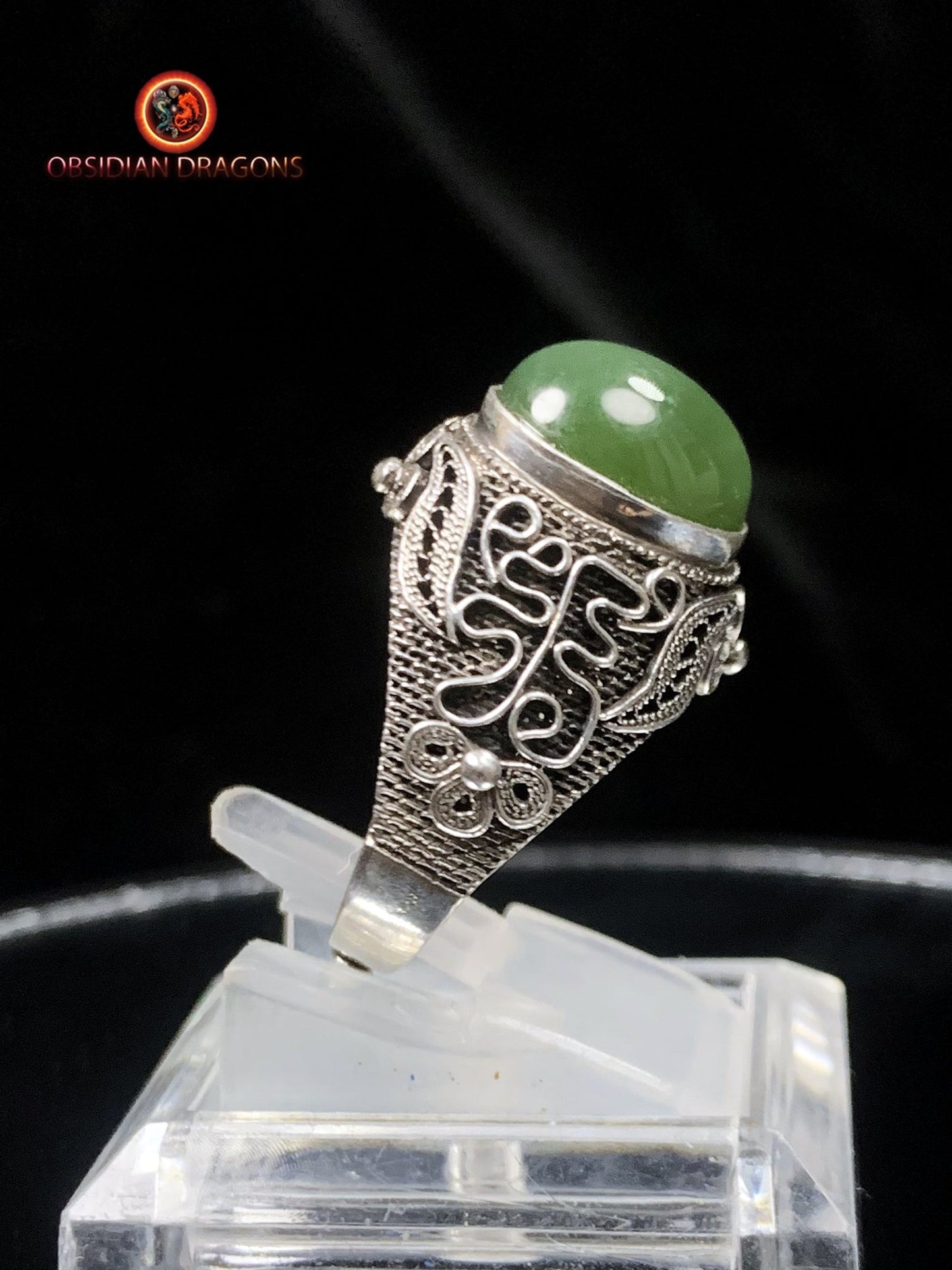 Bague en Jade à effet oeil de chat- Argent- Qing Dynastie | obsidian dragons