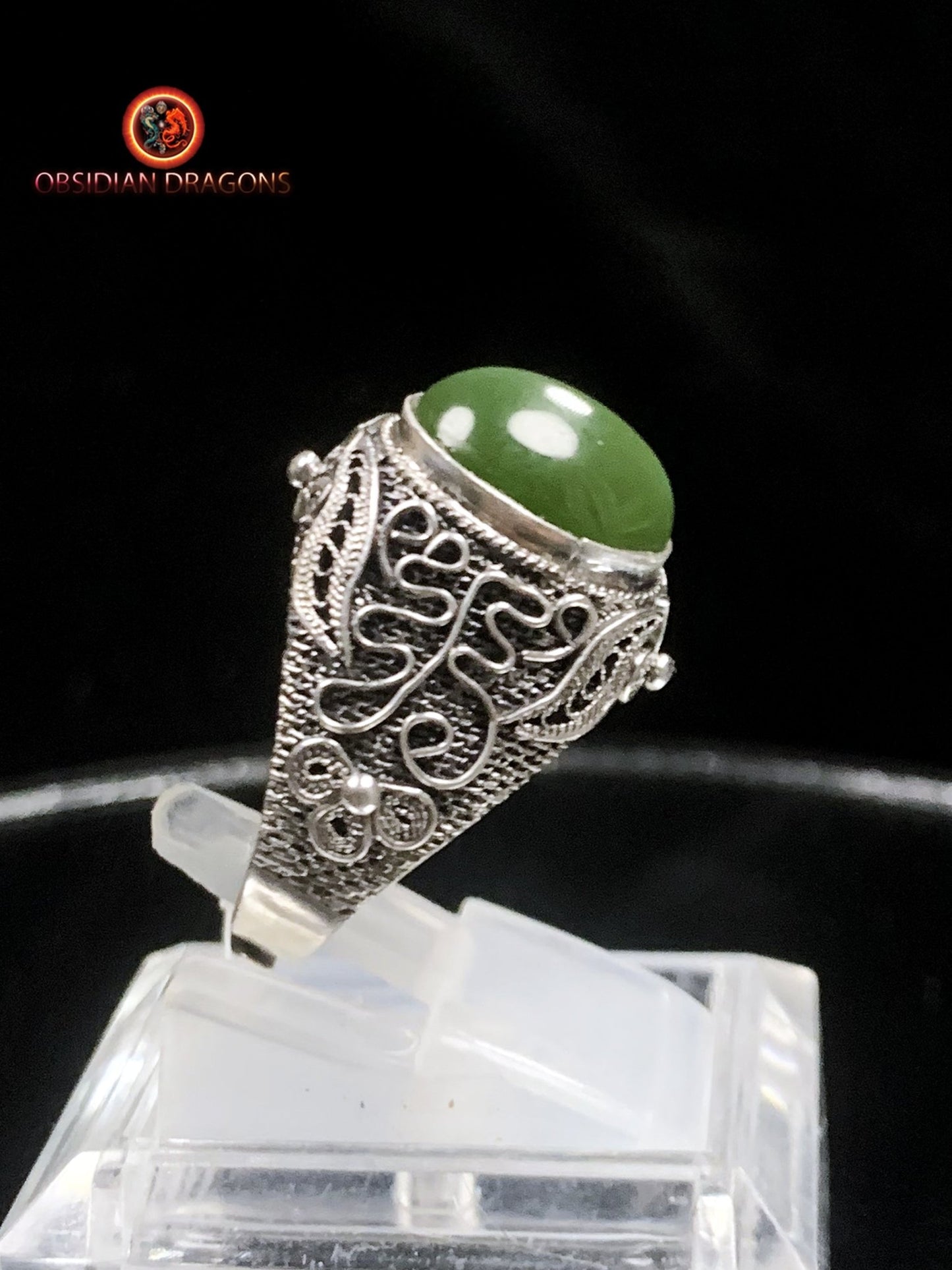 Bague en jade "oeil de chat"- Argent filigrané- Unique | obsidian dragons