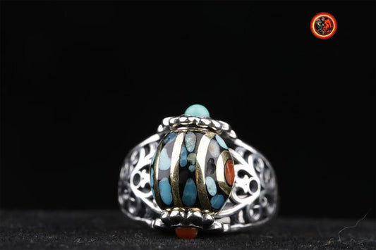 Bague bouddhiste tibétaine. DZI ou pierre celeste sacrée de protection tibétaine tournant DZI à 2 yeux, argent 925 turquoise, agate nan hong - obsidian dragon