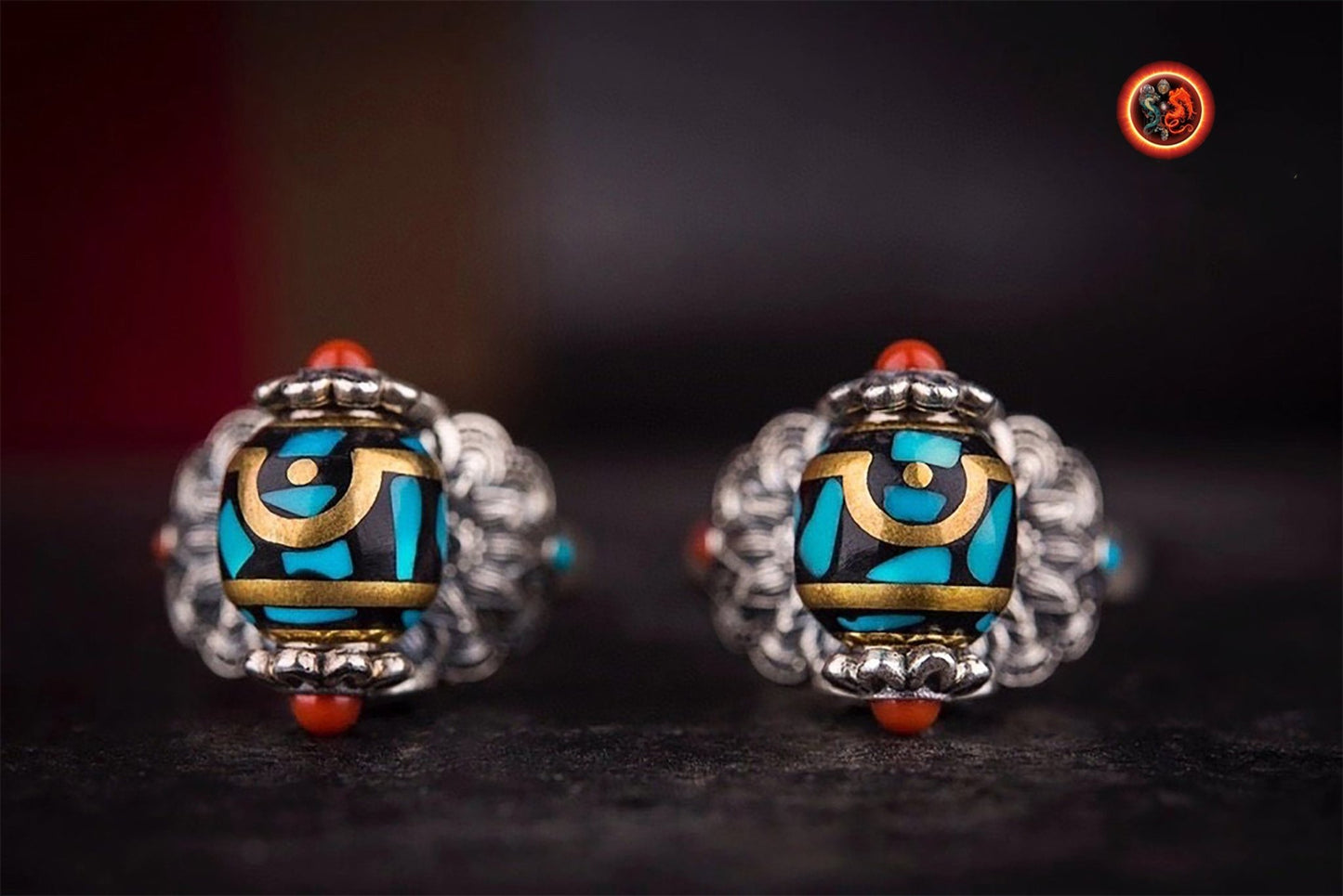 Bague bouddhiste tibétaine. DZI ou pierre celeste sacrée de protection tibétaine tournant DZI à 2 yeux, argent 925 turquoise, agate nan hong - obsidian dragon