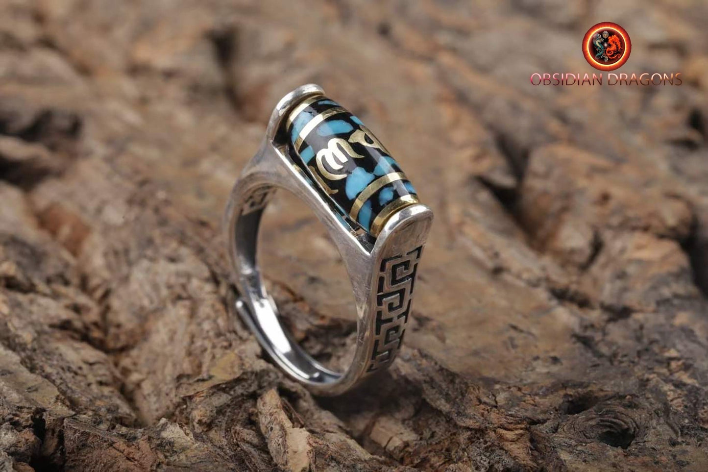 bague tibétaine. DZI, agate sacrée tibétaine mantra "Om mani padme Hum" . Argent 925, cuivre, turquoises naturelles bague réglable à toutes tailles. - obsidian dragon