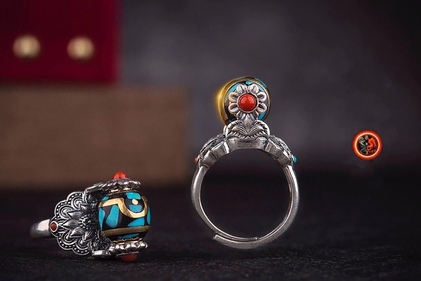 Bague bouddhiste tibétaine. DZI ou pierre celeste sacrée de protection tibétaine tournant DZI à 2 yeux, argent 925 turquoise, agate nan hong - obsidian dragon