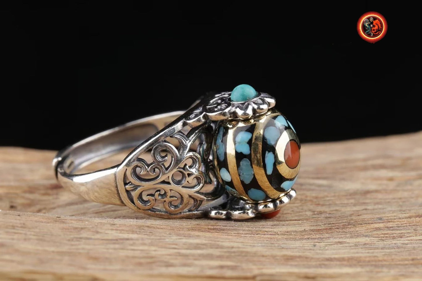 Bague bouddhiste tibétaine. DZI ou pierre celeste sacrée de protection tibétaine tournant DZI à 2 yeux, argent 925 turquoise, agate nan hong - obsidian dragon