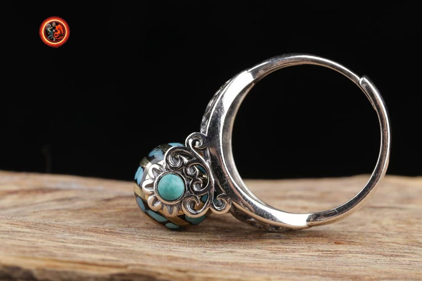 Bague bouddhiste tibétaine. DZI ou pierre celeste sacrée de protection tibétaine tournant DZI à 2 yeux, argent 925 turquoise, agate nan hong - obsidian dragon