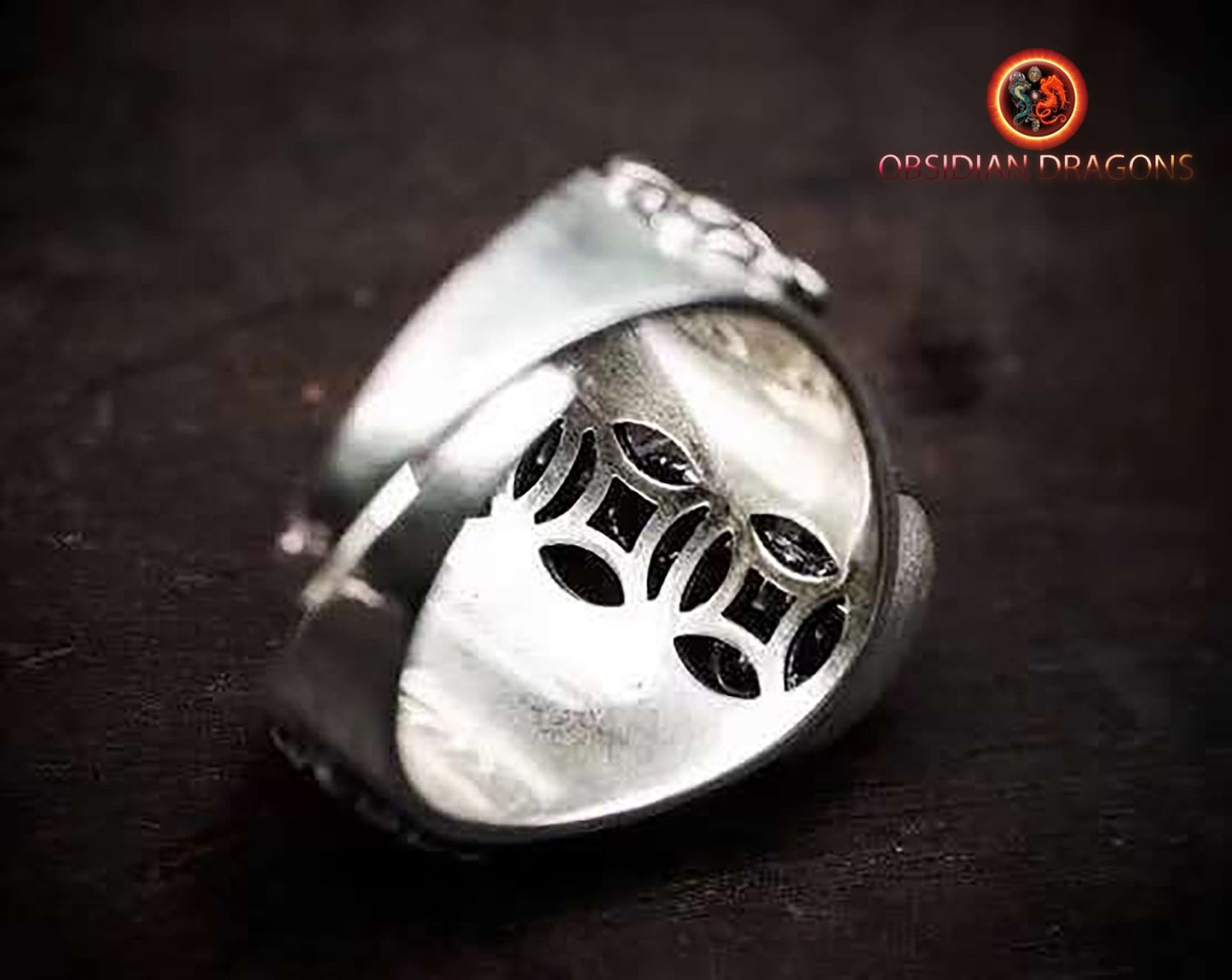 bague bouddhiste tibétaine double dorje argent 925 agate dite nan hong et turquoise d'Arizona - obsidian dragon