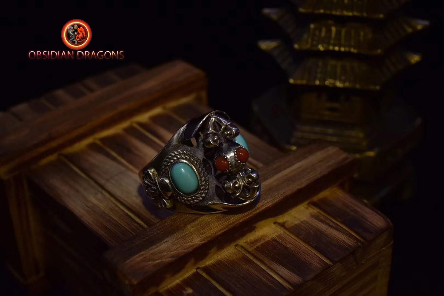 bague bouddhiste tibétaine double dorje argent 925 agate dite nan hong et turquoise d'Arizona - obsidian dragon