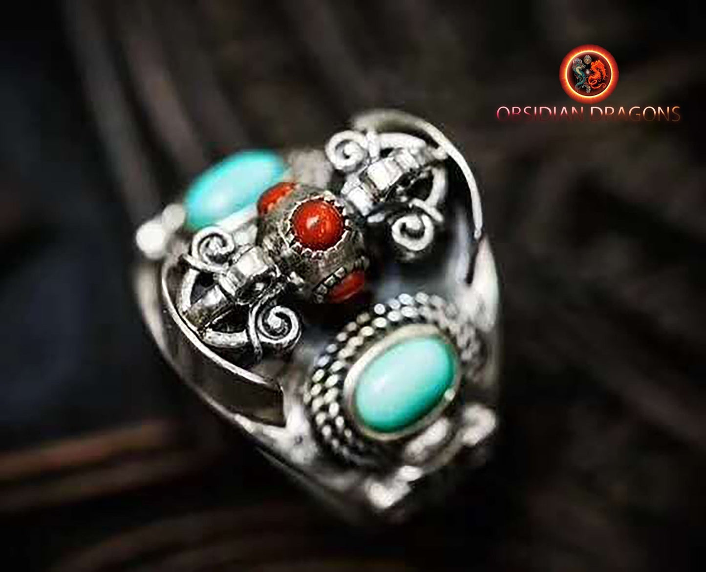 bague bouddhiste tibétaine double dorje argent 925 agate dite nan hong et turquoise d'Arizona - obsidian dragon