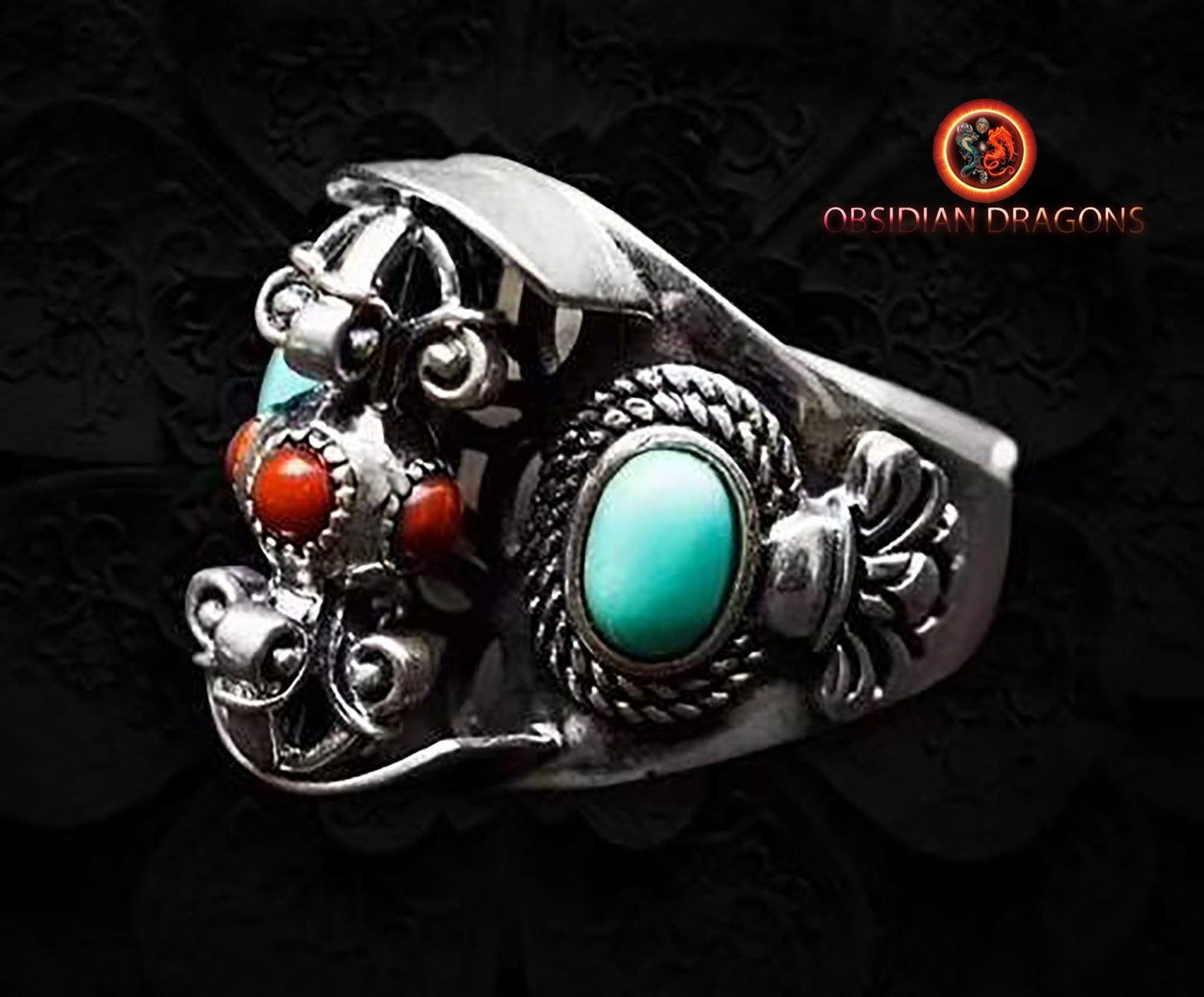 bague bouddhiste tibétaine double dorje argent 925 agate dite nan hong et turquoise d'Arizona - obsidian dragon