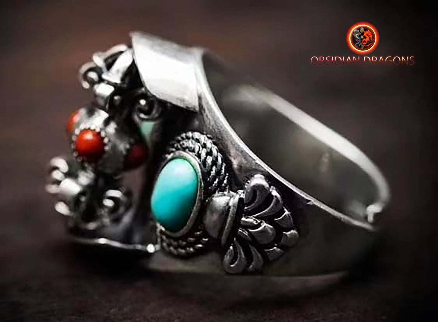bague bouddhiste tibétaine double dorje argent 925 agate dite nan hong et turquoise d'Arizona - obsidian dragon