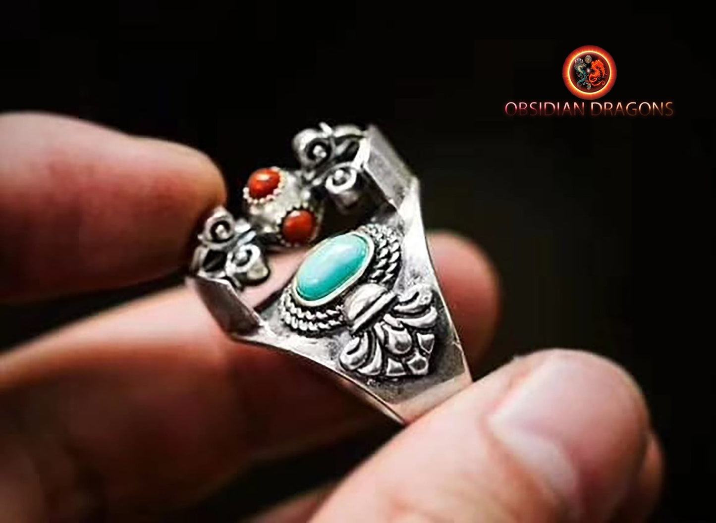bague bouddhiste tibétaine double dorje argent 925 agate dite nan hong et turquoise d'Arizona - obsidian dragon