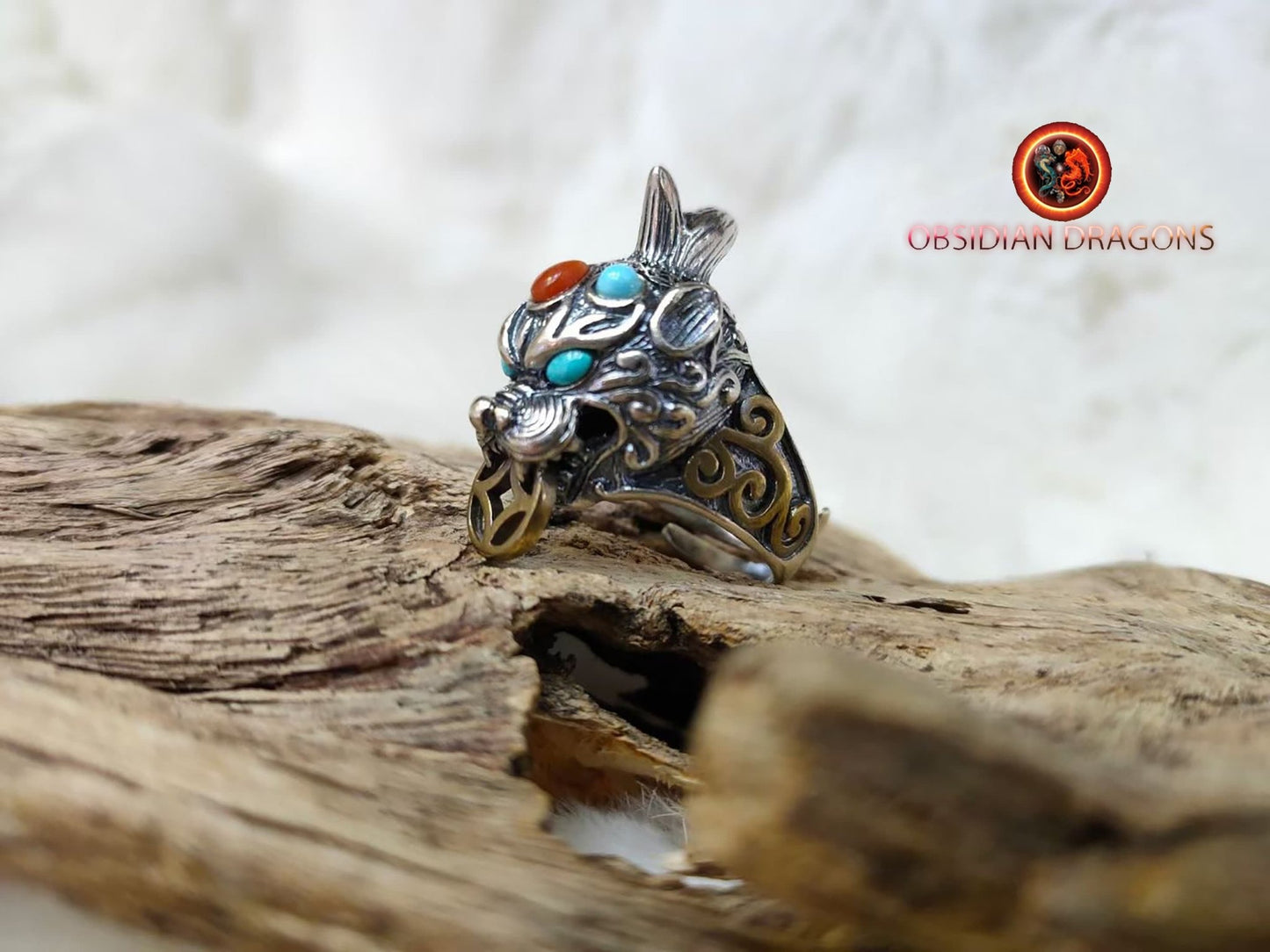 bague dragon Pixiu, protection feng- shui. Argent 925 poinçonné, cuivre, Turquoises ou agates nan hong naturelles . bague réglable à toutes tailles de doigt. - obsidian dragon