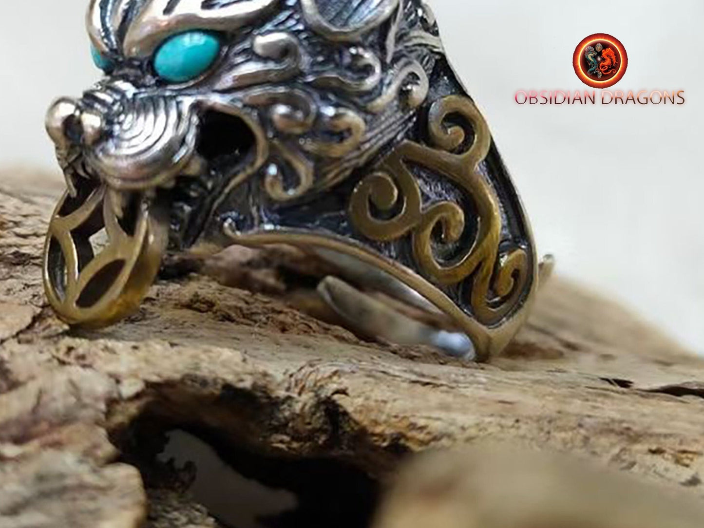 bague dragon Pixiu, protection feng- shui. Argent 925 poinçonné, cuivre, Turquoises ou agates nan hong naturelles . bague réglable à toutes tailles de doigt. - obsidian dragon